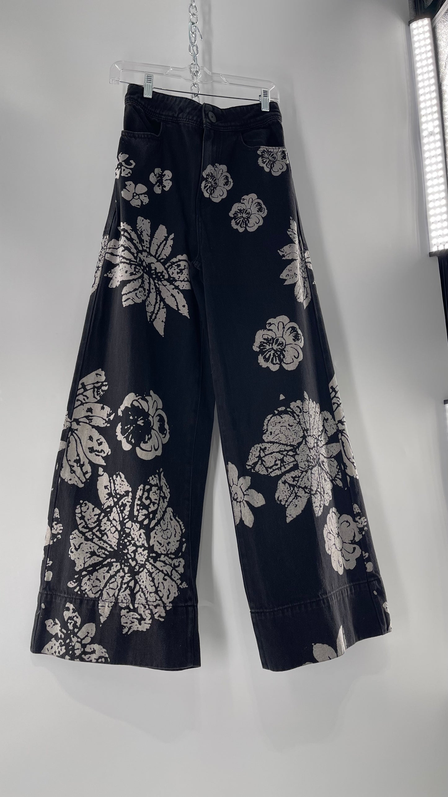 Free People Black Wide Leg Jeans with White Hibiscus Floral Design (29)