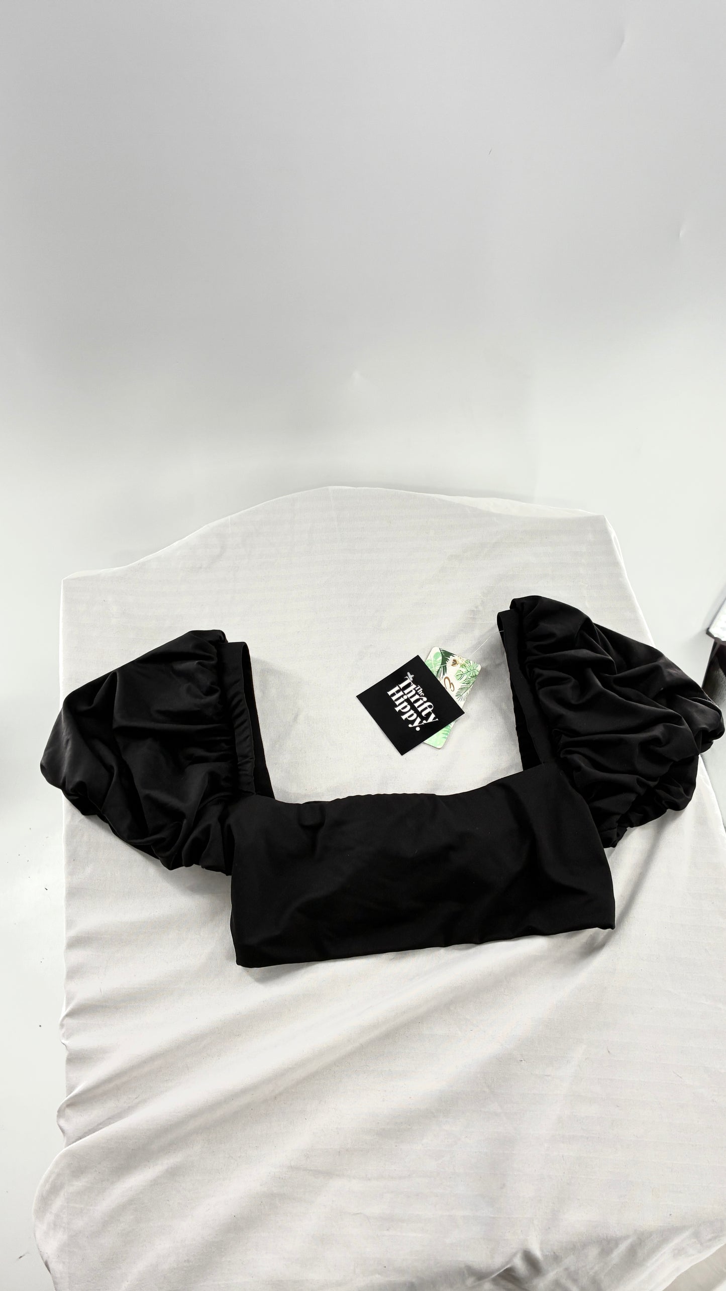 ENVYA Puff Sleeve Cropped Swim Top with Tie Back Detail