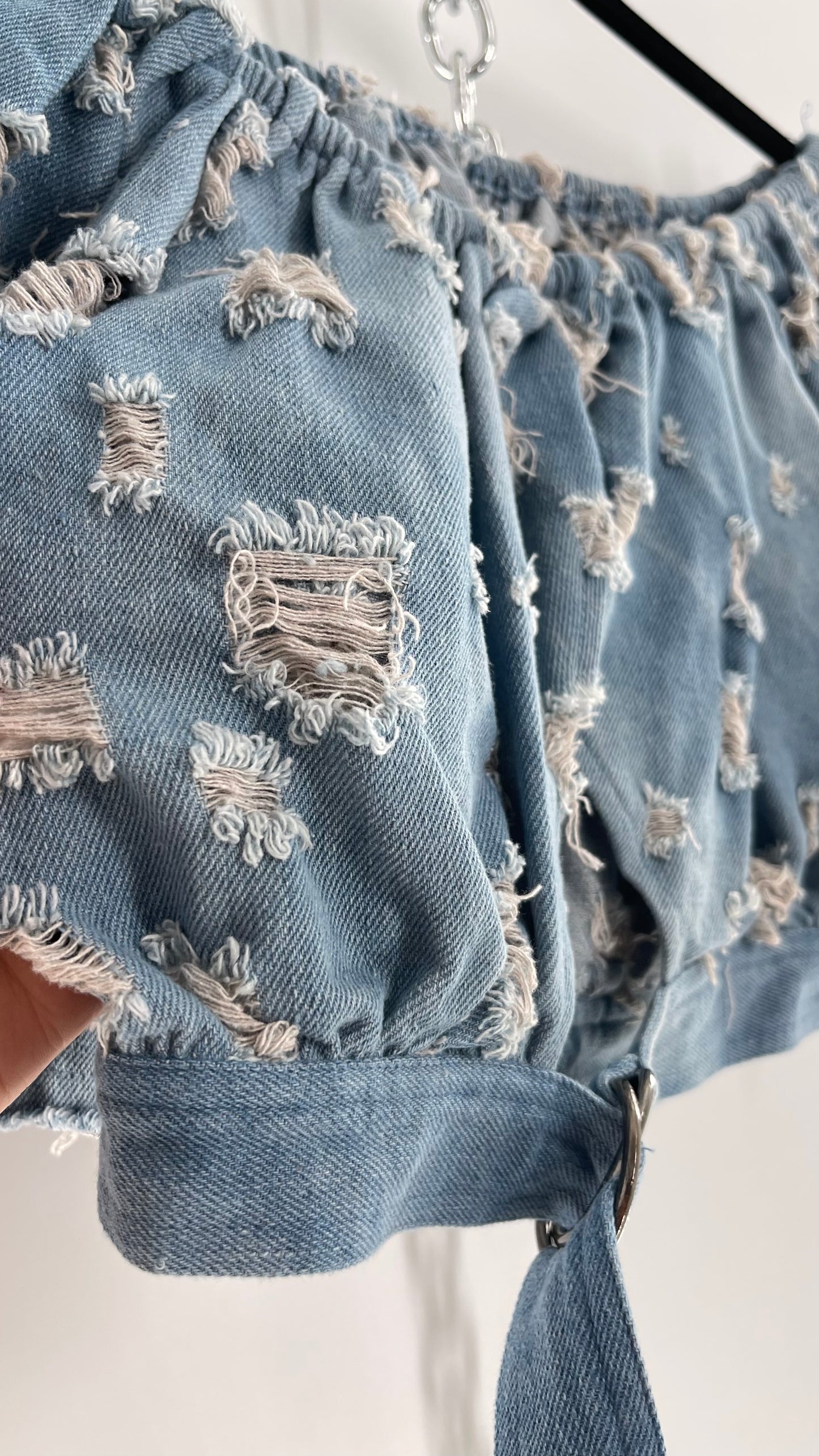 Homage Distressed Denim Crop Top with Keyhole Bust Cutout and Buckle (Medium)
