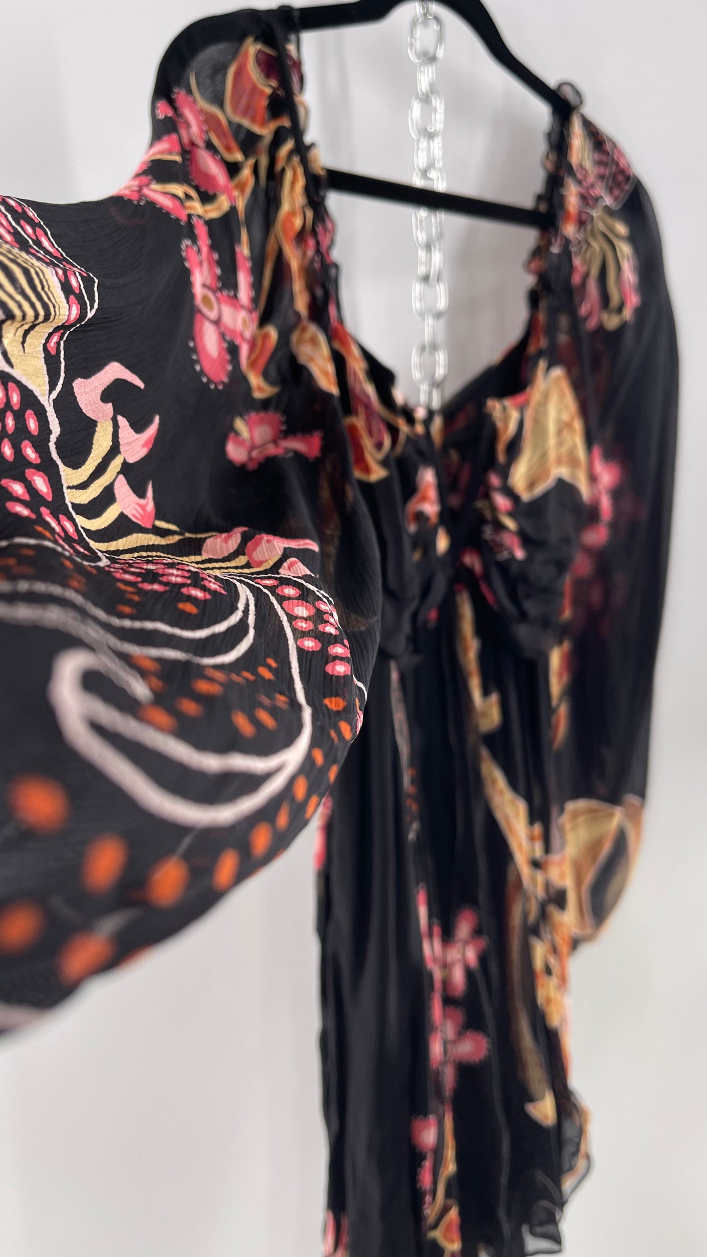 Anthropologie Let Me Be Crimped Black Chiffon Pink Floral Patterned l Dress with Tie/Open Back Detail and Tags Attached (Small)