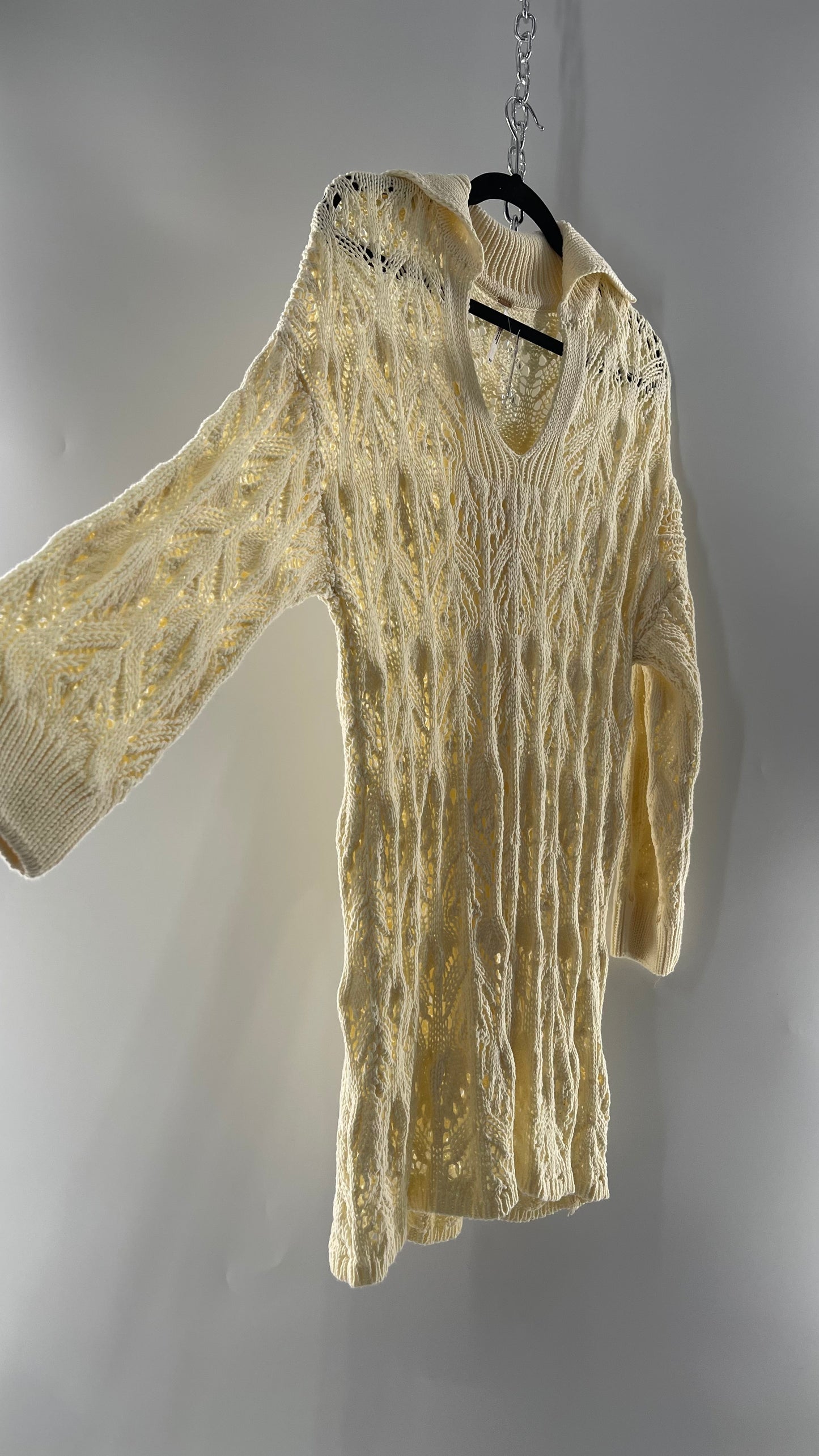Free People Baby Yellow Comfy n Cozy Open Stitch Knit Sweater Dress (XS)