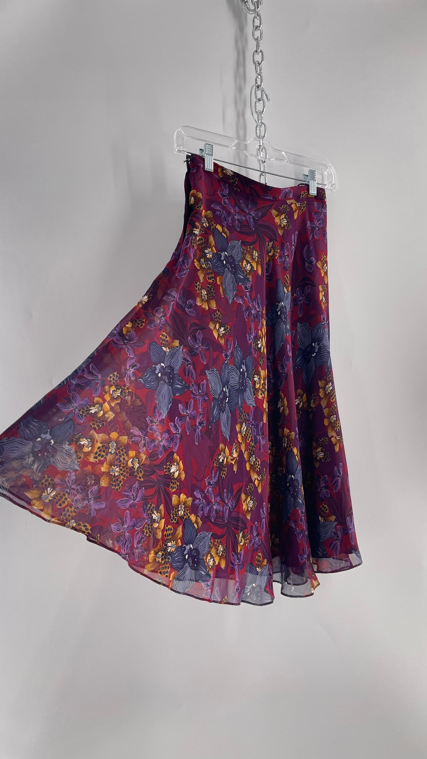 Vintage 100% Silk Burgundy Tropical Skirt with Leopard Florals (4)