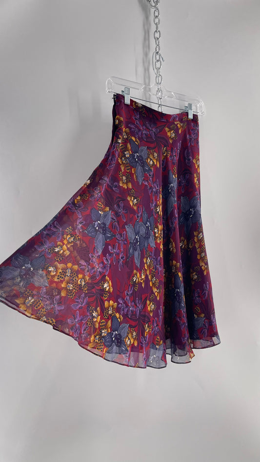 Vintage 100% Silk Burgundy Tropical Skirt with Leopard Florals (4)