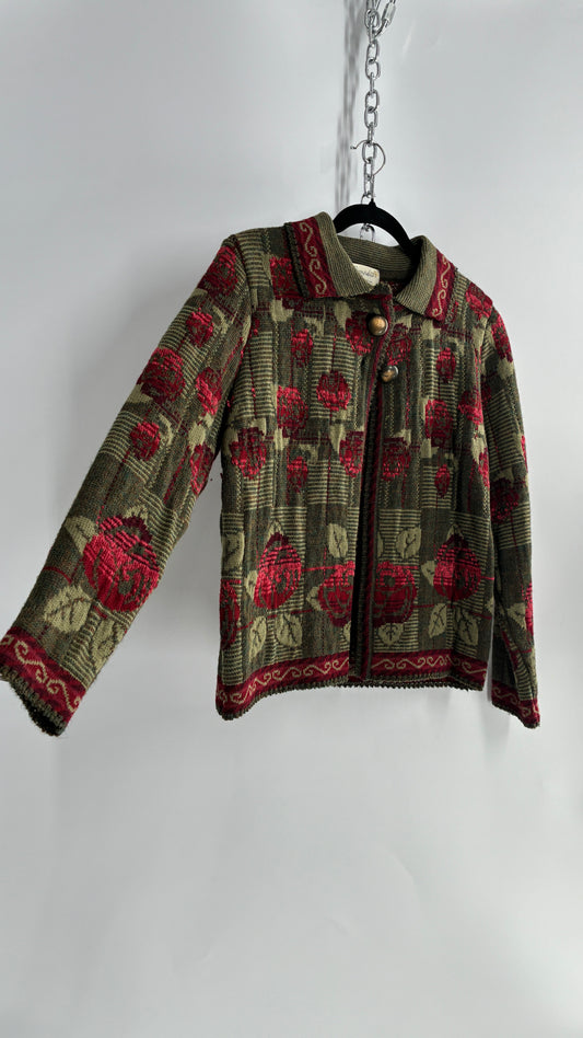 Vintage Cherry Lewis Made in England 81% Wool Thick Knit Sweater Jacket with Rosettes (Small)