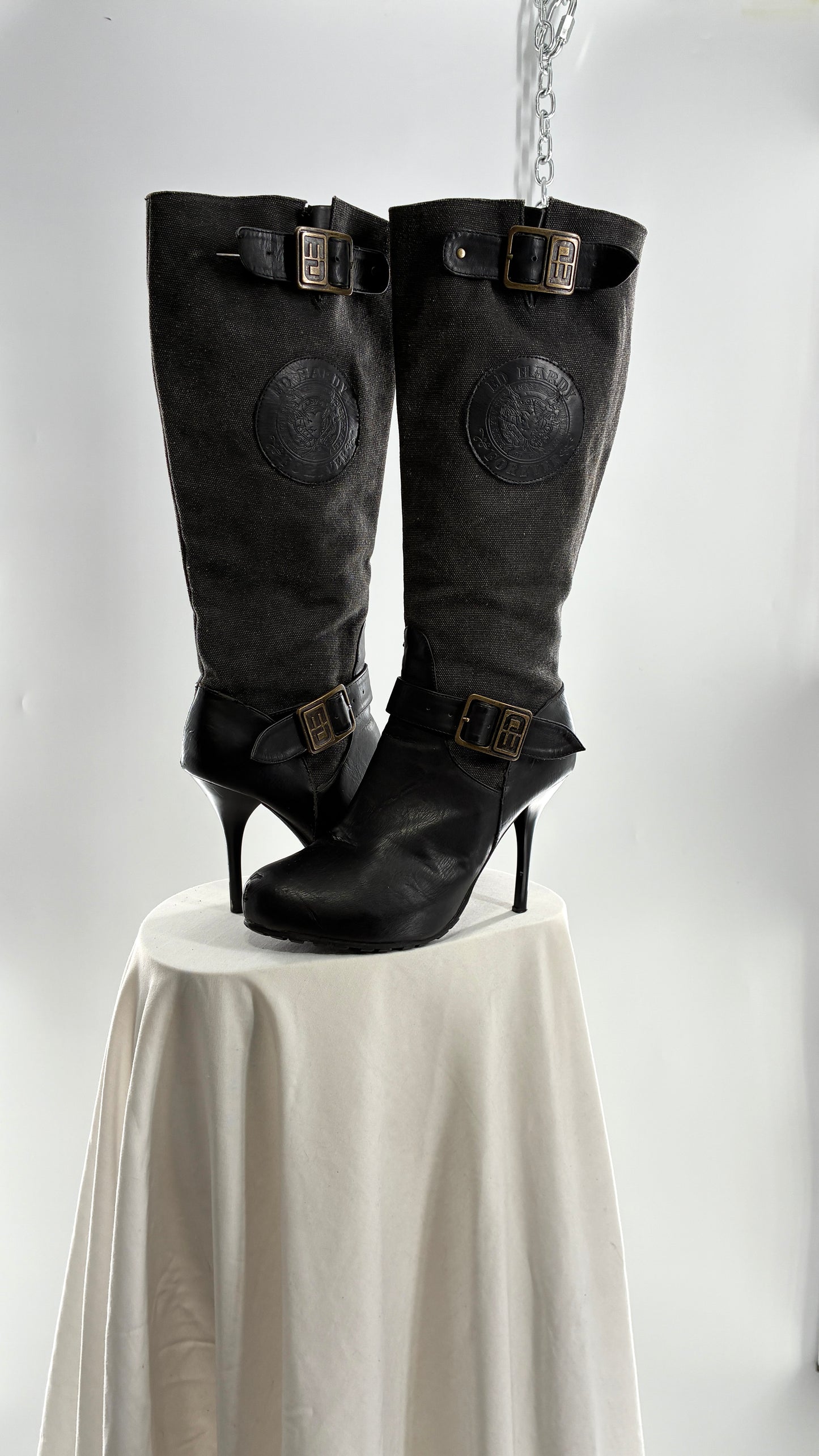 Vintage ED HARDY Stiletto Boots with Embossed Buckles and Badges (9)