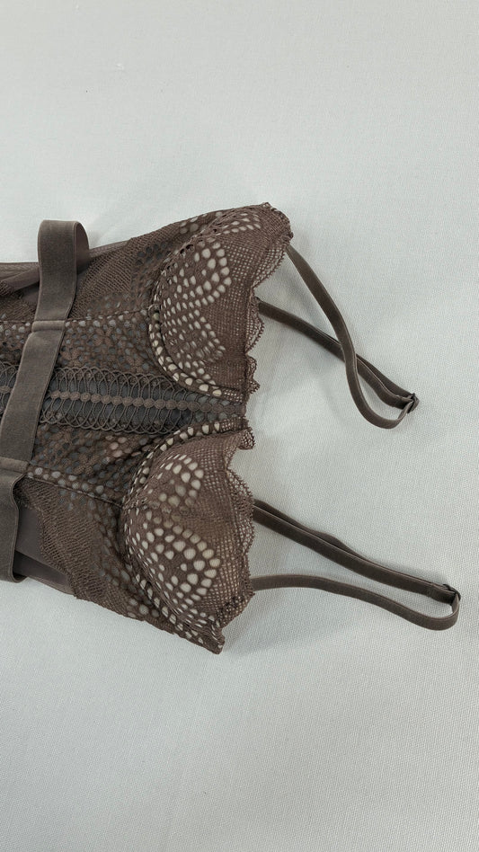 Vintage VICTORIA’S SECRET Taupe Lace Corset with Velour Belting and Tags Attached (32C)