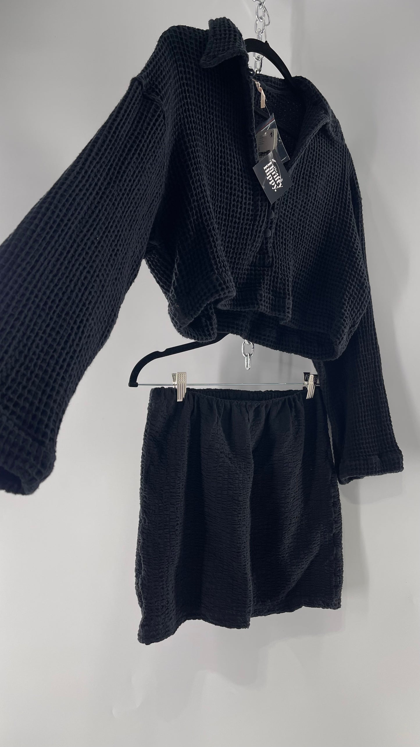 Free People Waffle Knit Black Cropped Button Up and Skirt Set with Tags Attached (Small)