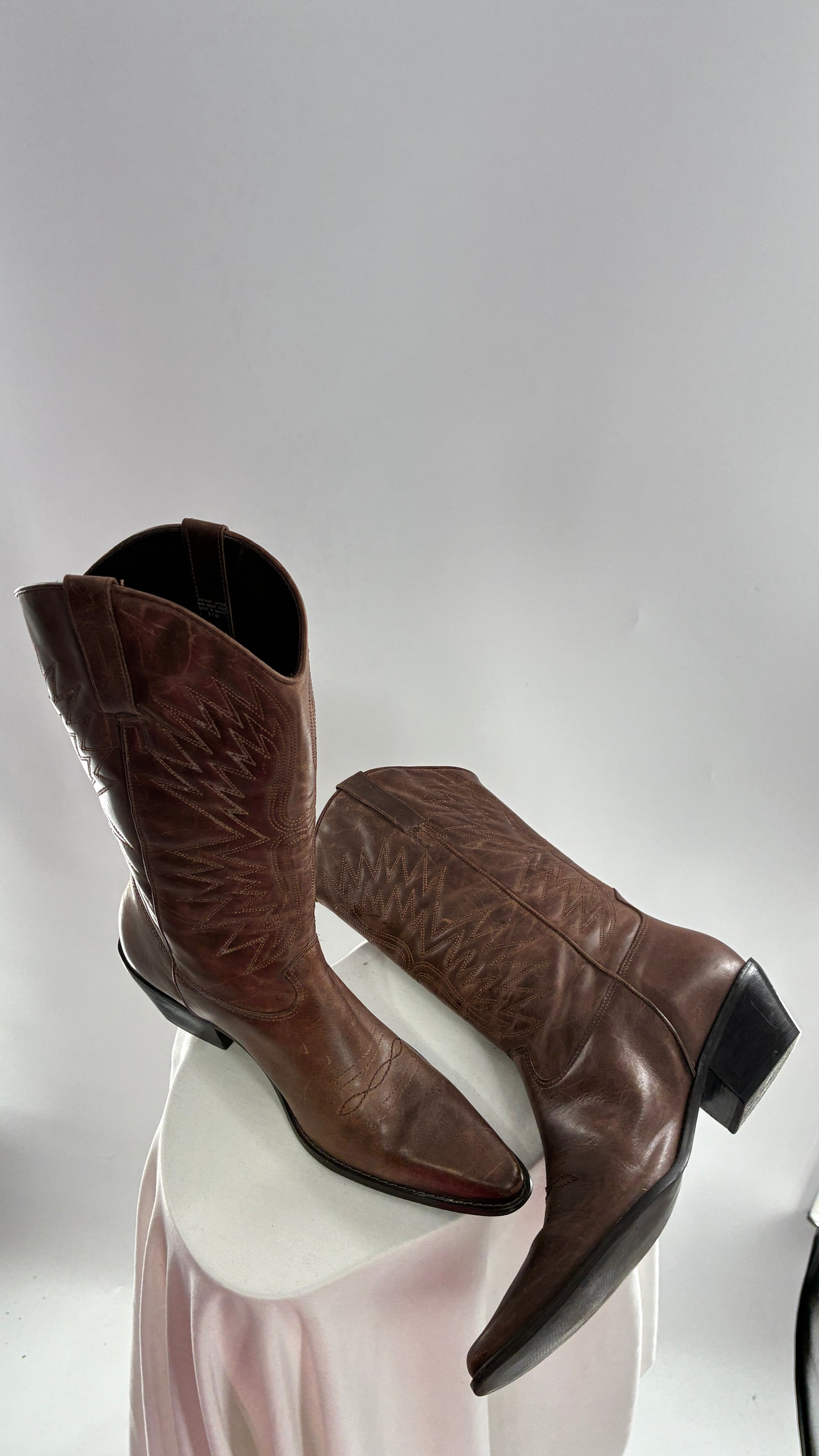 Vintage Genuine Leather Brown Cowboy Boots Made in Brazil (9.5)