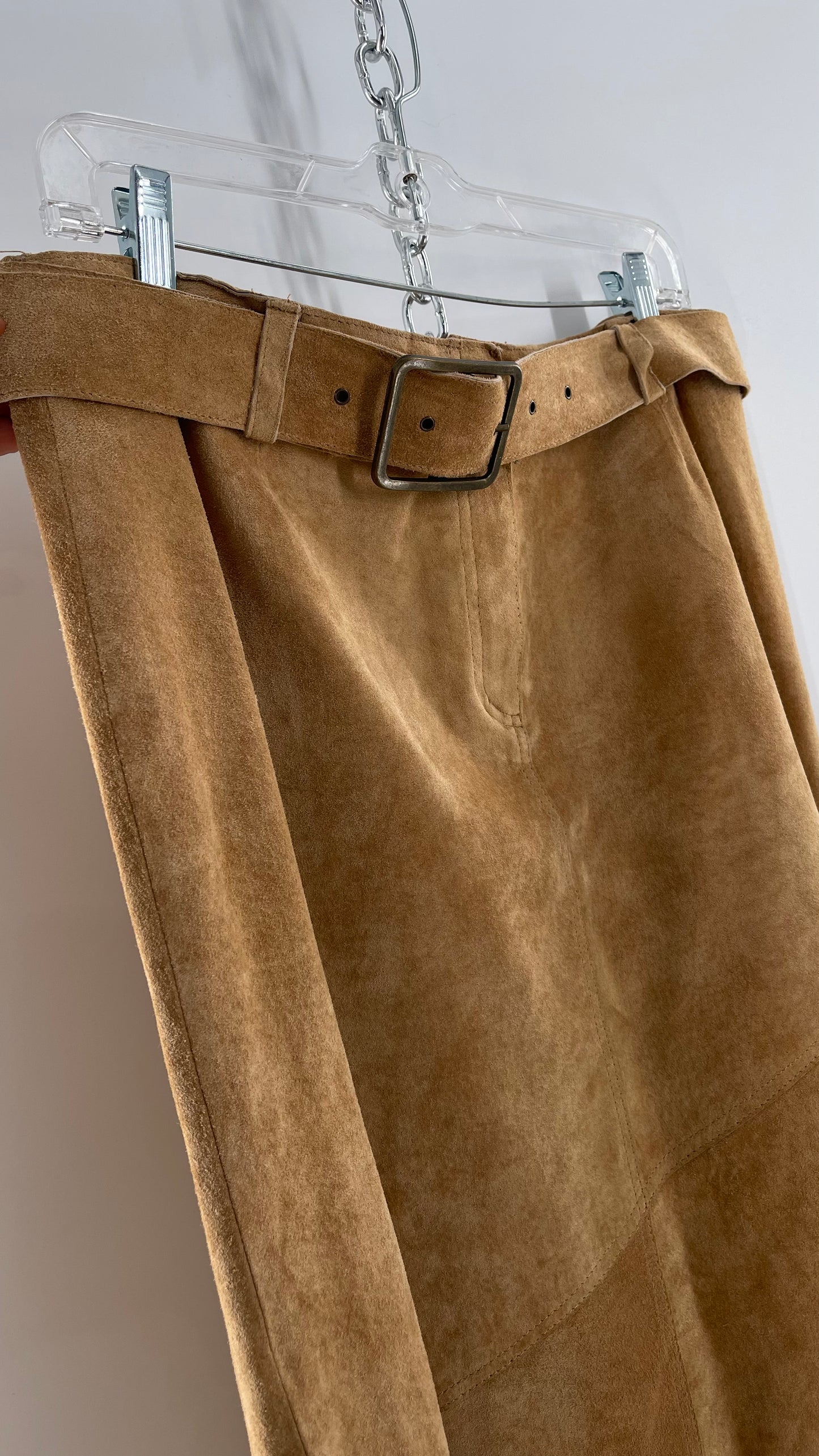 Vintage Margaret Godfrey Tan Suede Low Rise Full Length Skirt with Grommet Belt (14)