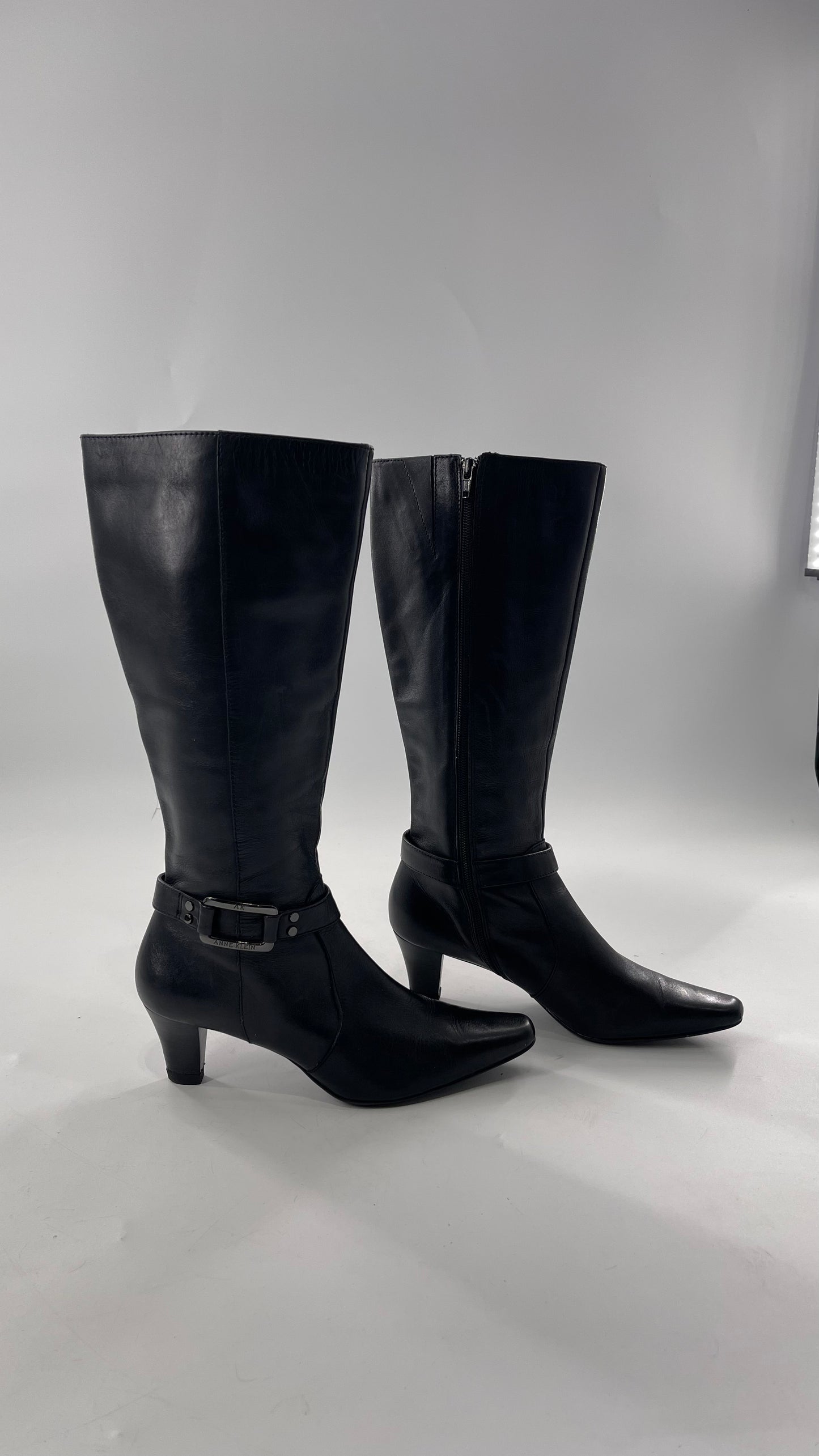 Vintage Black Anne Klein Leather Knee High Boots with Pointed Toe and Ankle Metal Buckle Detail (8)