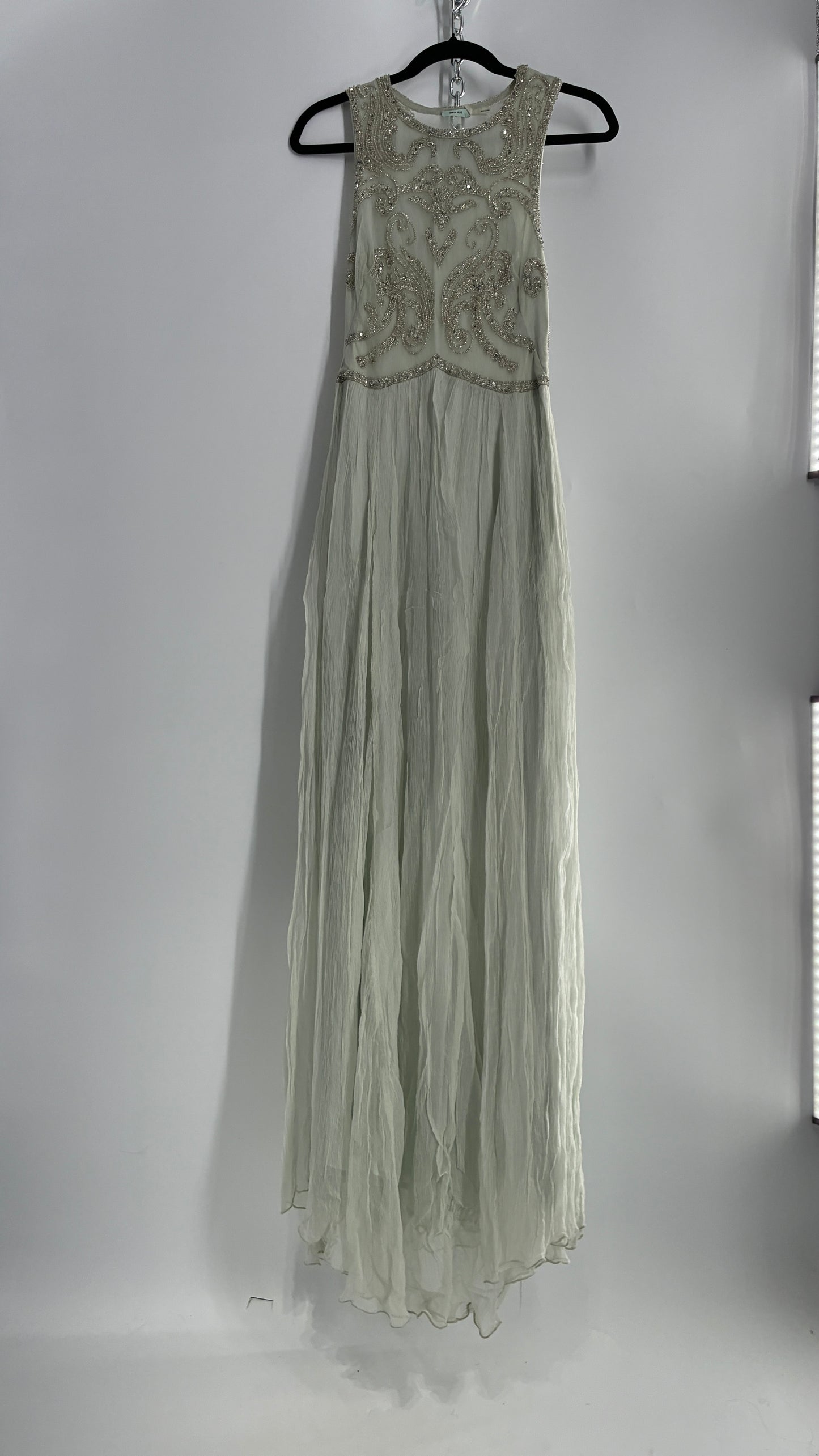 KIMCHI BLUE Light Greyish Seafoam Green Crimped Gown with Beaded Bodice and Sheer Back (2)
