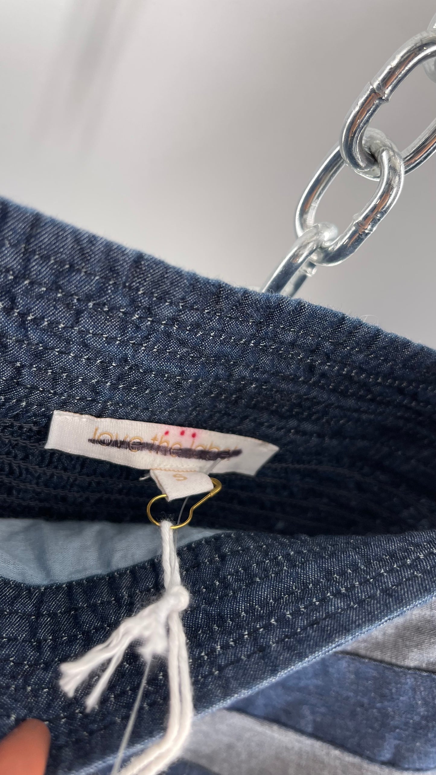 Love the Label ANTHROPOLOGIE Chambray, Chevron, Denim Smocked Blouse with Dramatic Sleeves and Tags Attached (Small)