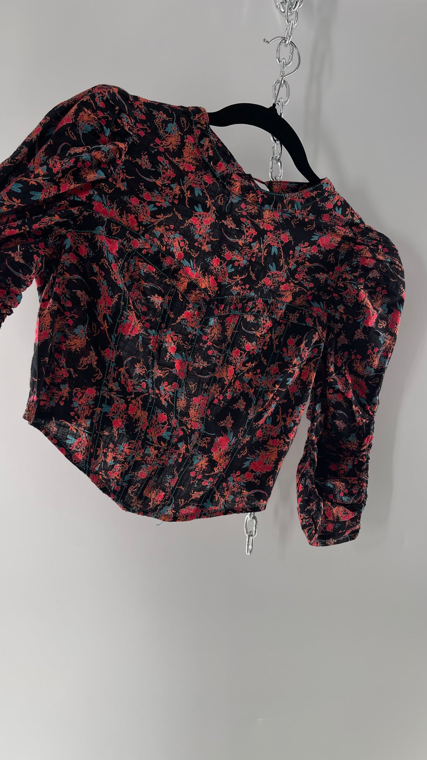 Free People Black Corset-esque Crop Top with Open Back and Ruched Sleeves (XS)