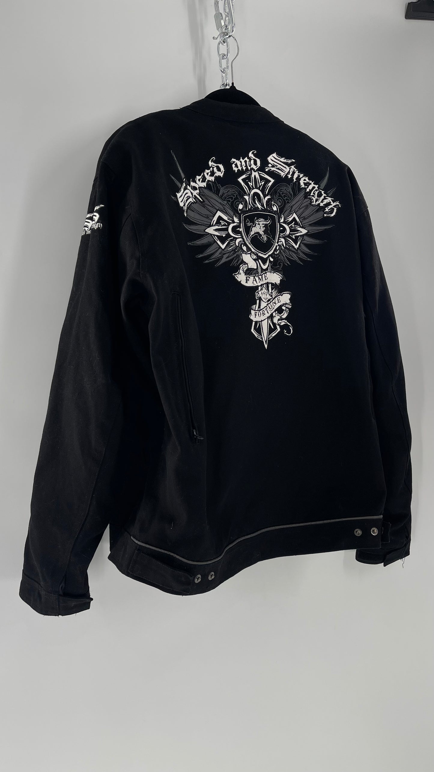 Vintage Speed + Strength Grunge Punk Riding Motorcycle Jacket with Cross Embroidery, Wings, Fame + Fortune, Speed + Strength Men’s Unisex (XXL)