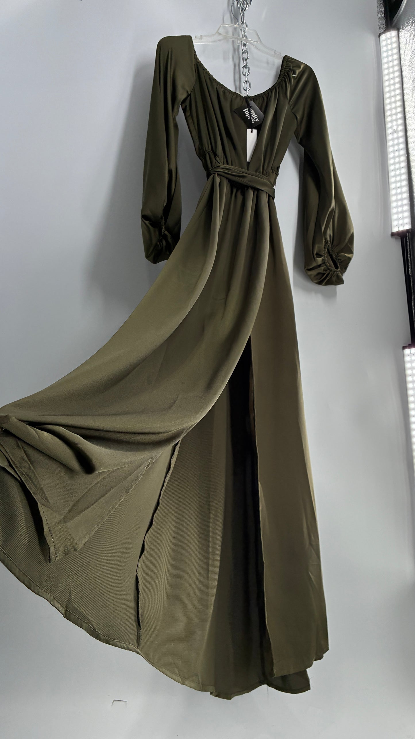 Dress Day Army Green Silky Balloon Sleeve Full Length Gown with Slit and Tags Attached (Medium)