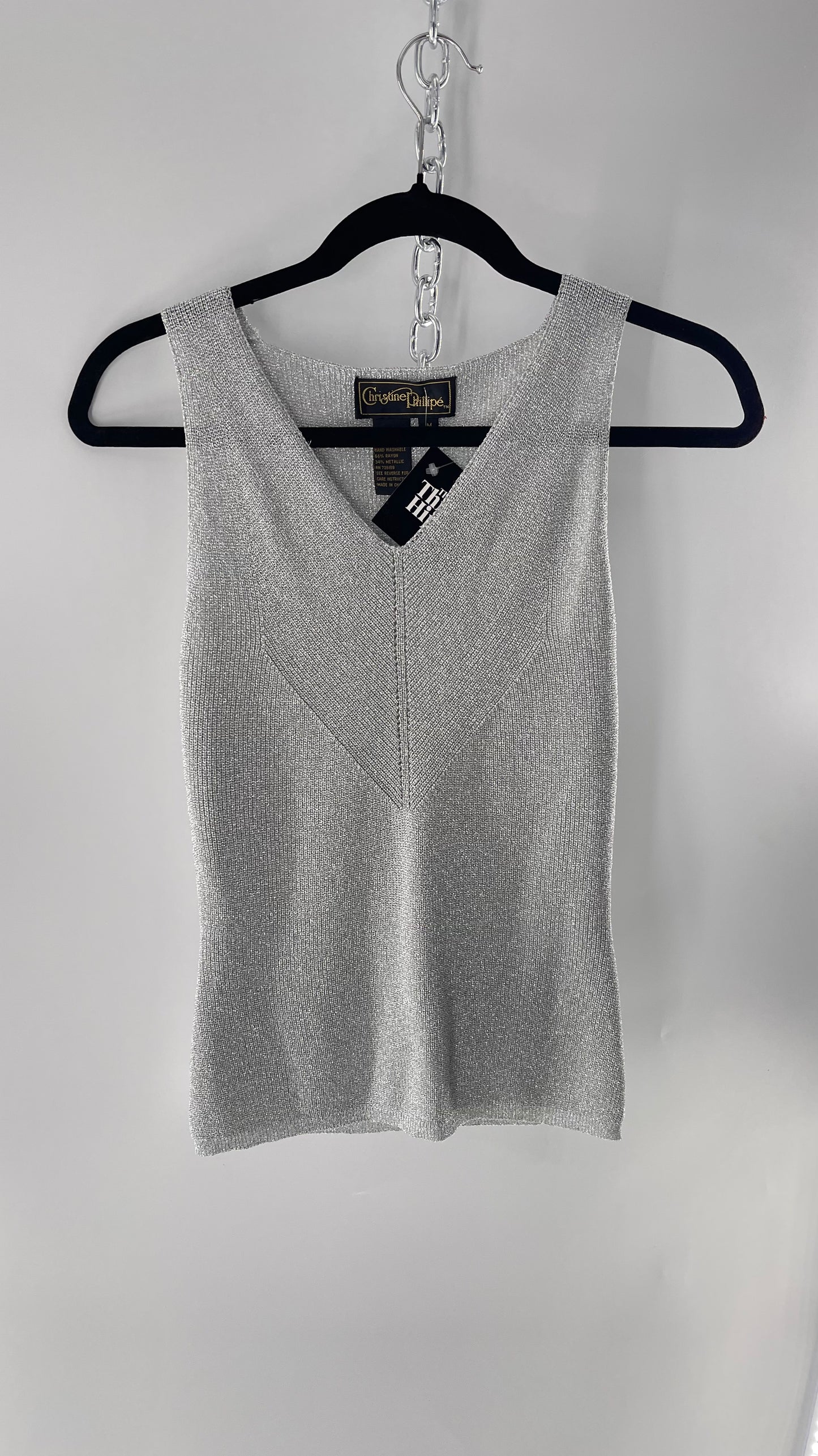 Vintage Christine Phillipe Vintage Metallic Silver Tinsel Knit Tank (Medium)