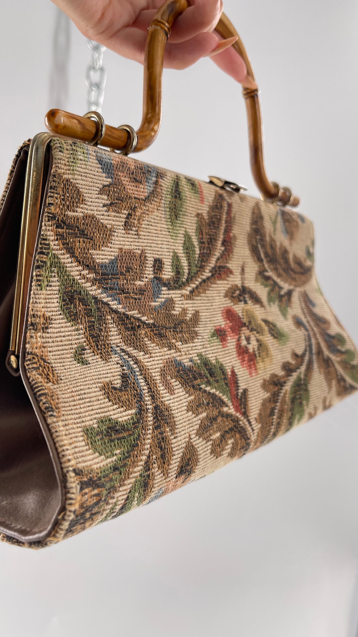 Vintage Tapestry Bag with Bronze Metal Clasp and Bamboo Handle