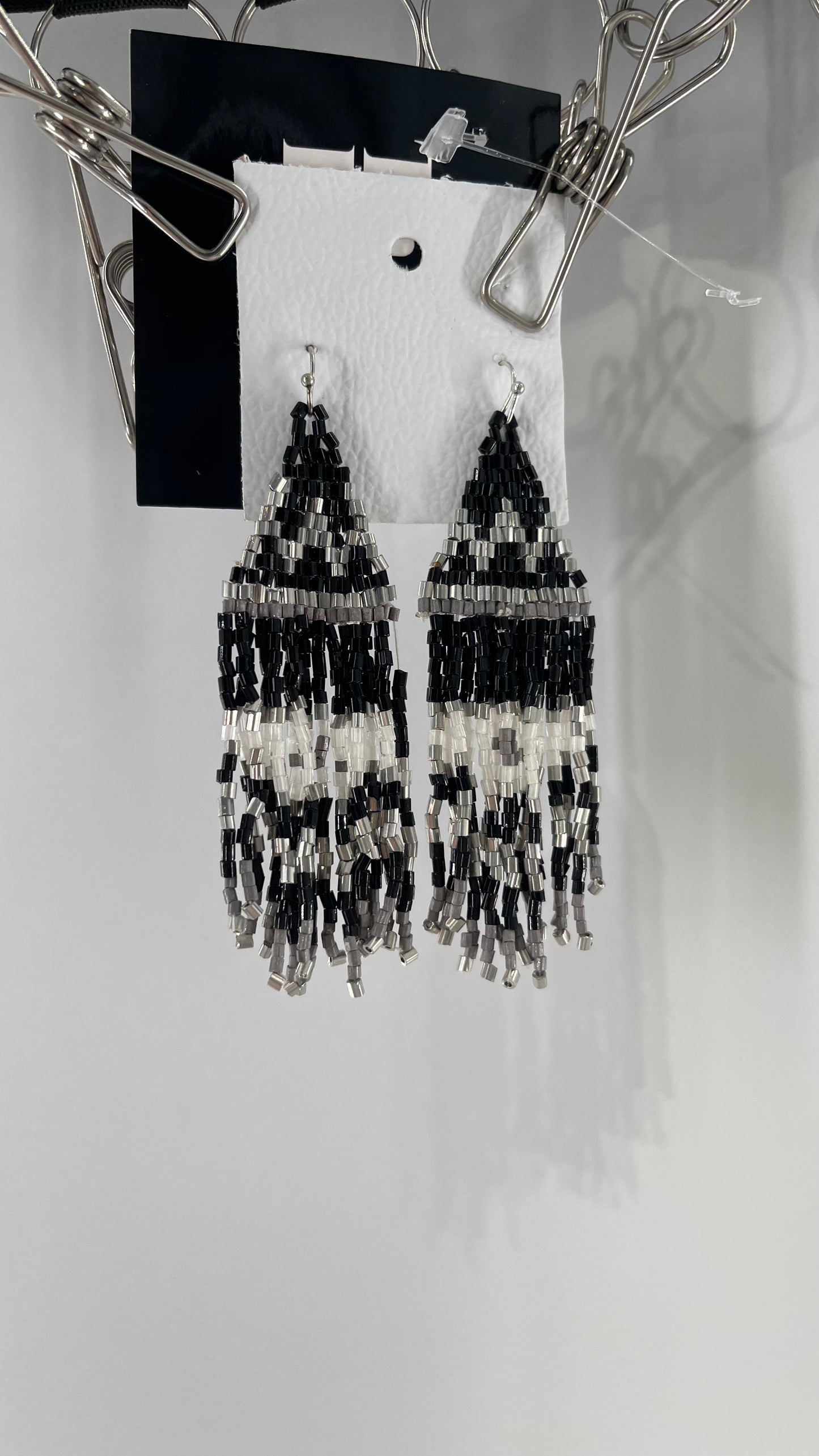 Free People Beaded Bohemian Black White Silver Earring with Tags Attached