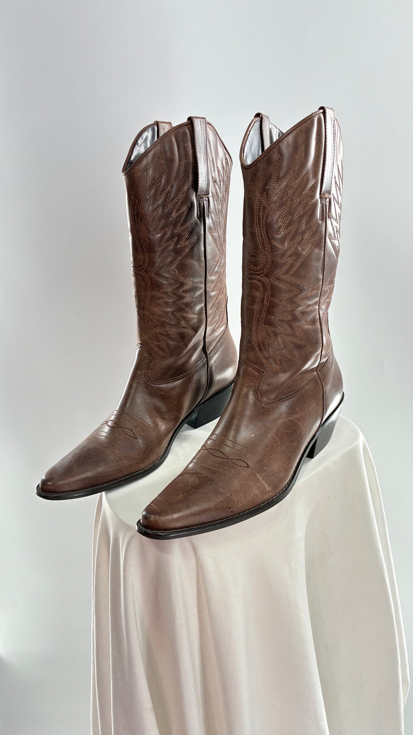 Vintage Genuine Leather Brown Cowboy Boots Made in Brazil (9.5)