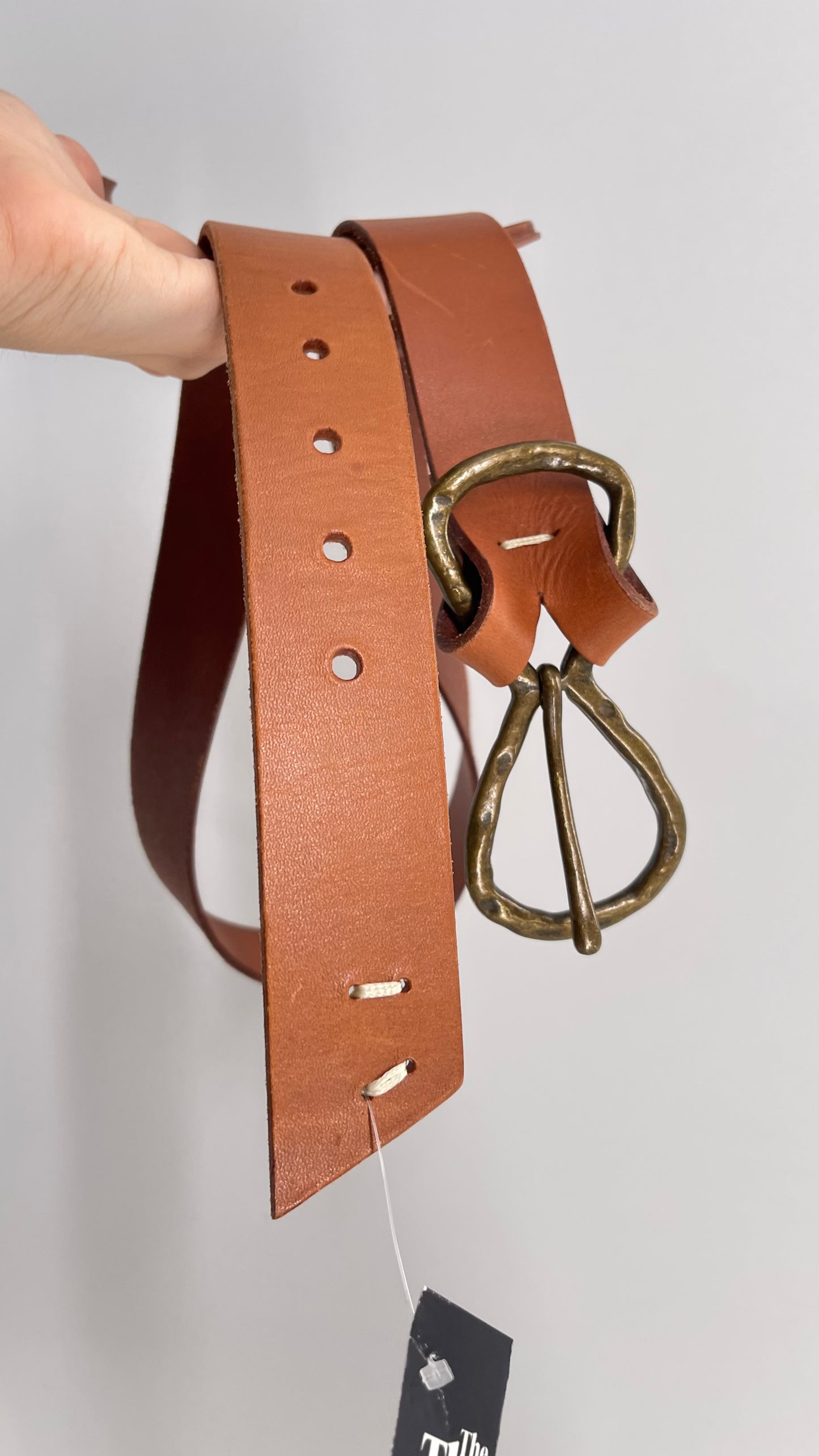 Anthropologie Cognac Leather Belt with Infinity Style Bronze Buckle (M/L)