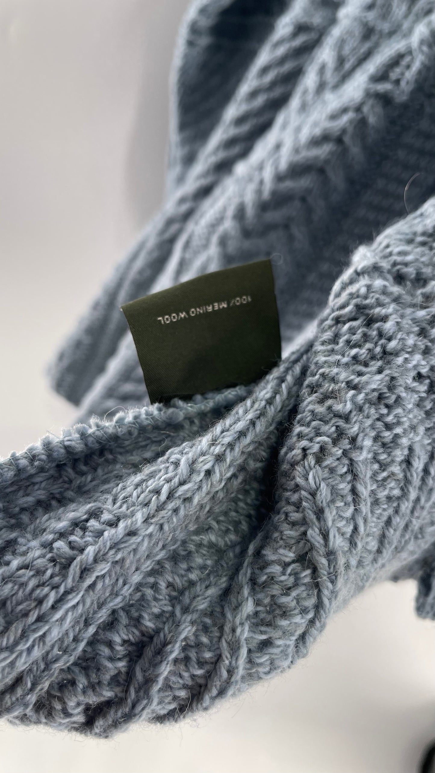 Authentic Irish Aran Sweater Market Slate Blue Aran Stitch Sweater with Oversized Wooden Button Detail and Certificate of Authenticity (Small)