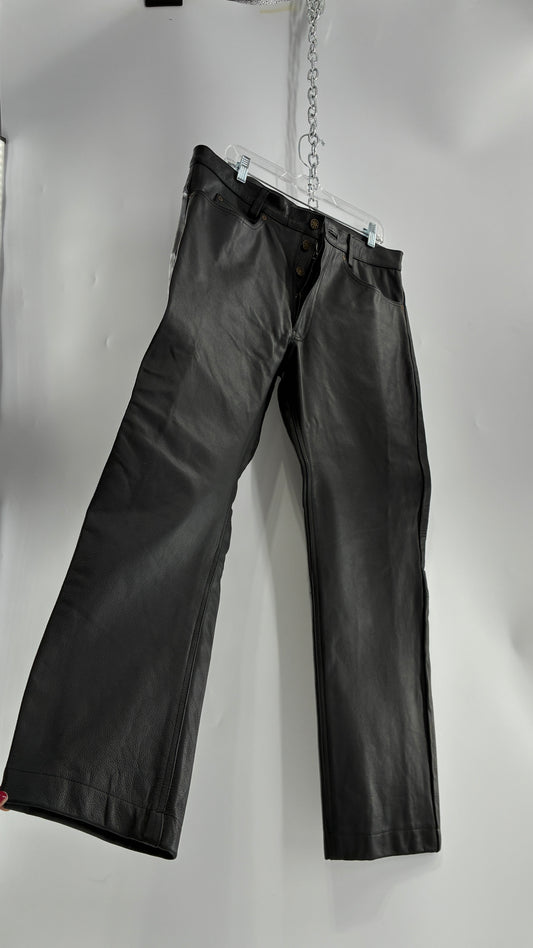 Vintage Button Front, French, Black, Thick Genuine Leather Pants (36)