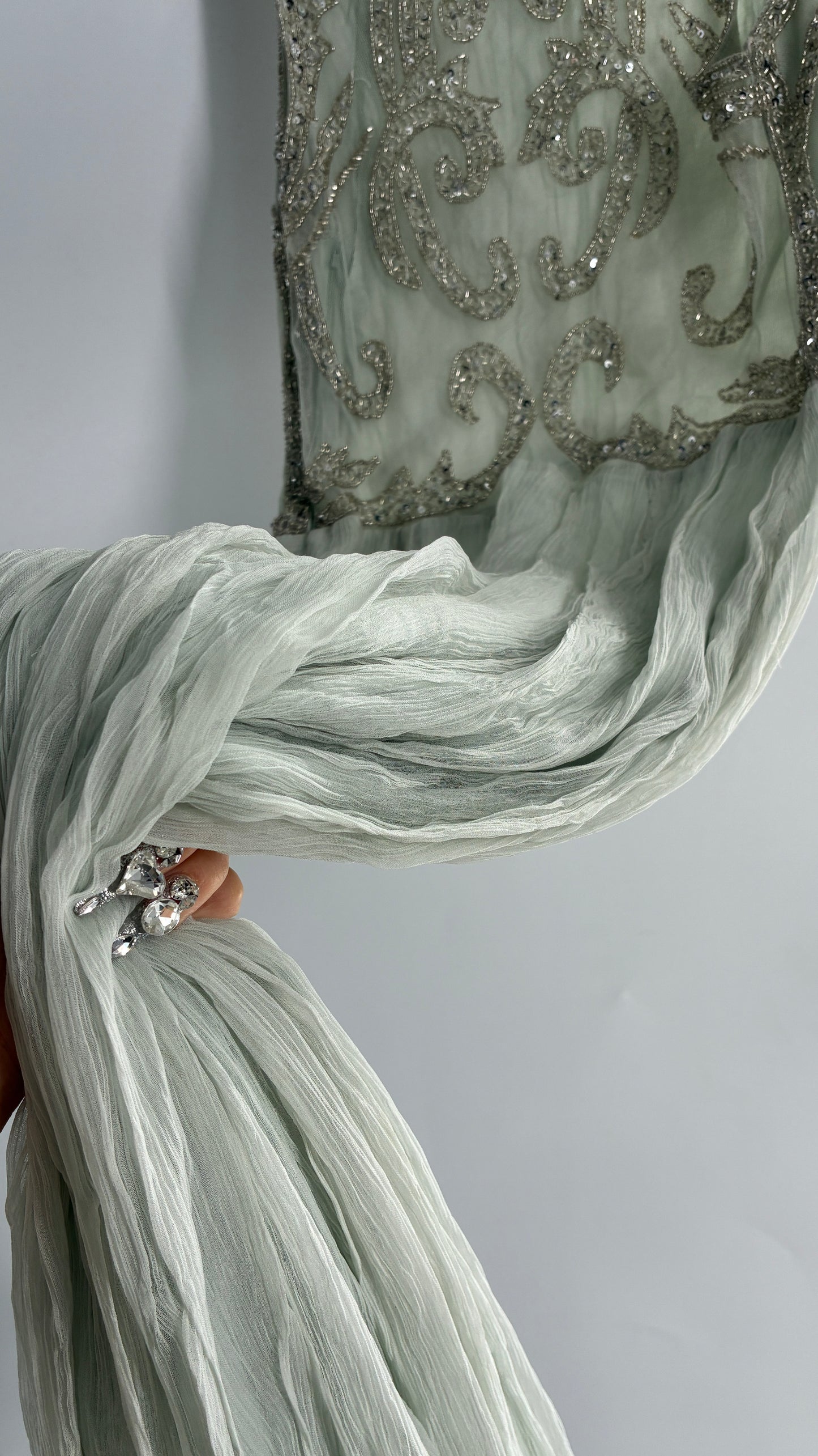 KIMCHI BLUE Light Greyish Seafoam Green Crimped Gown with Beaded Bodice and Sheer Back (2)