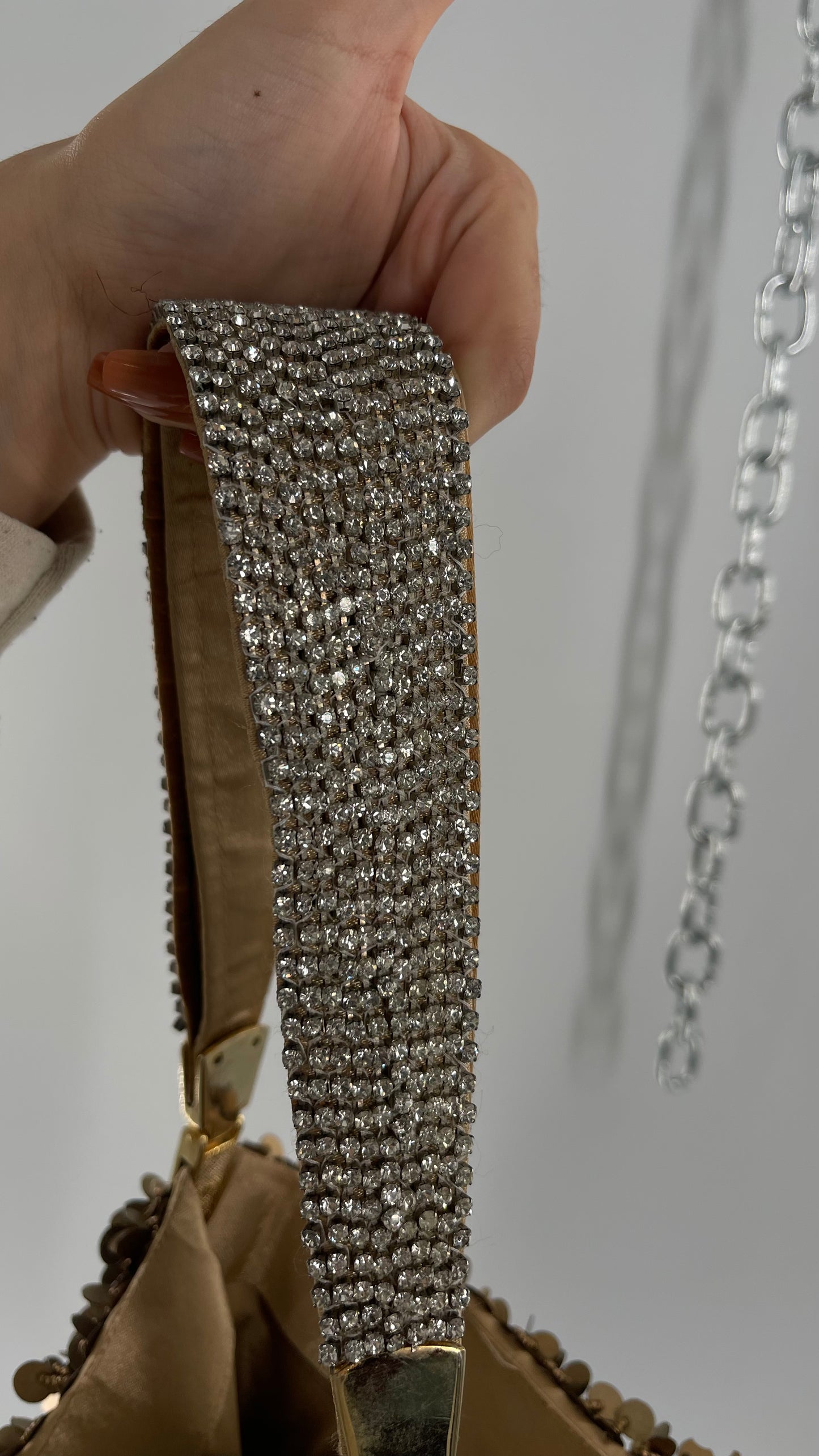 Deadstock The Find Marvelous Bronze Beaded Sequin Tote Bag with Gemstone Strap