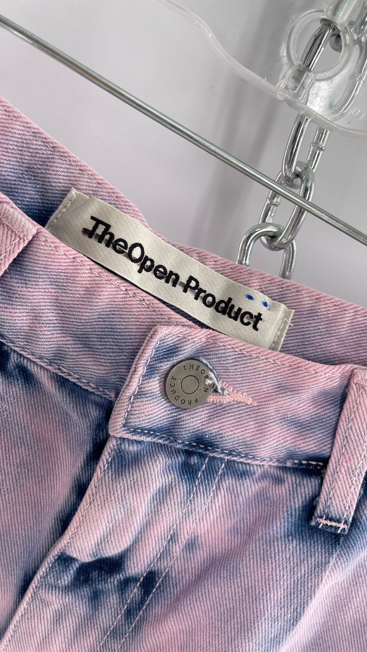 The Open Product Pink/Blue Acid Wash Jeans with Waist Pulls and Pleats (1)