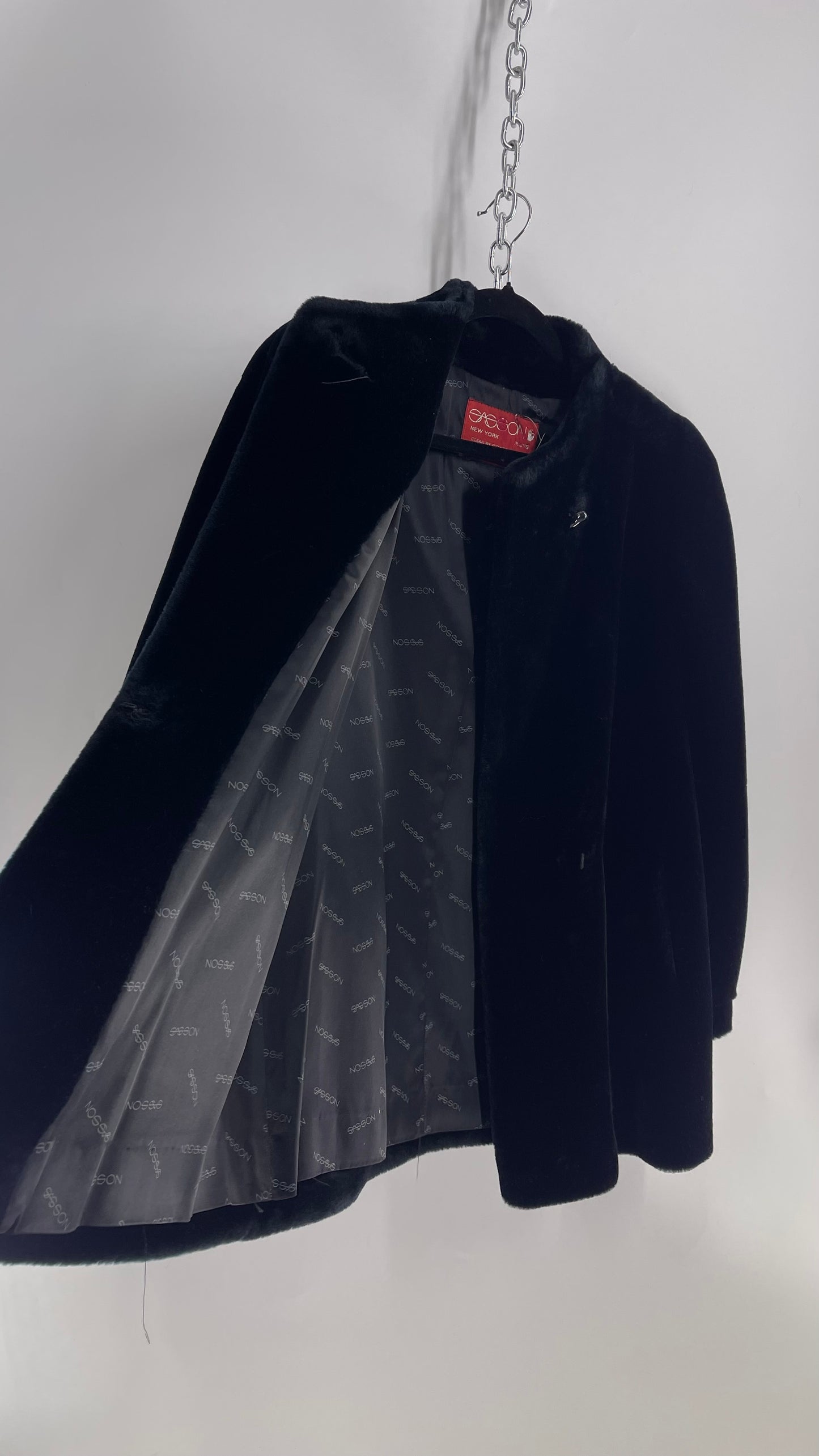 Vintage SASSON Black Faux Fur Coat with Embroidered Leather Patch Detail (Small)