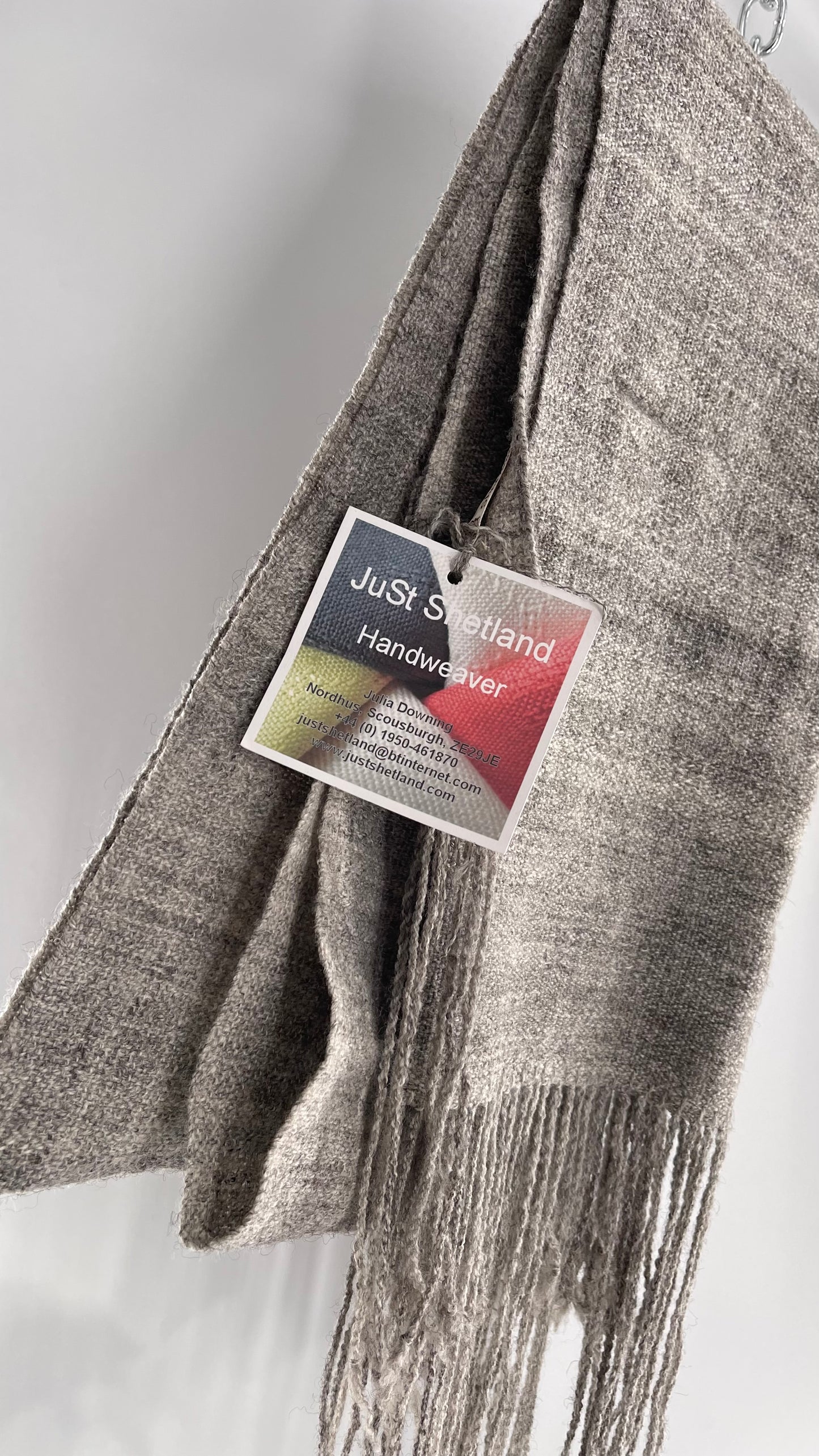 JuSt Shetland Handspun + Handwoven Shetland Yarn Julia Downing Nordus, Scousburgh Grey Woven Scarf