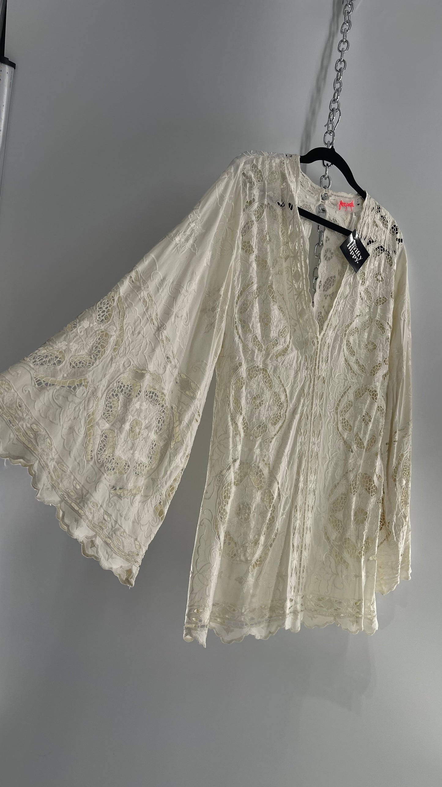 Free People Cream Lace Mini Dress (Small)
