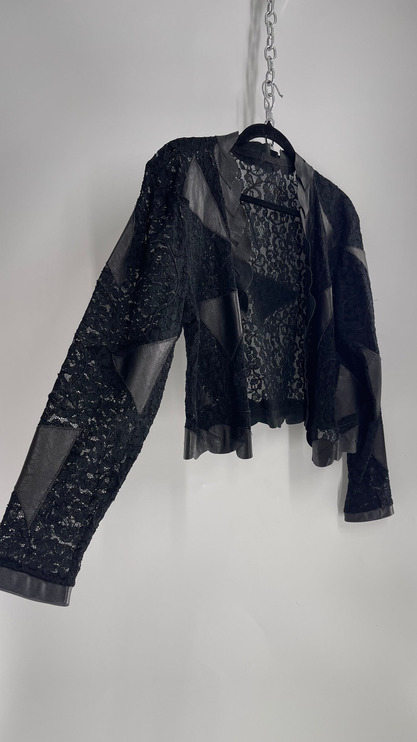 Vintage Black Lace Jacket with Genuine Black Leather Patches and Lining (M/L)