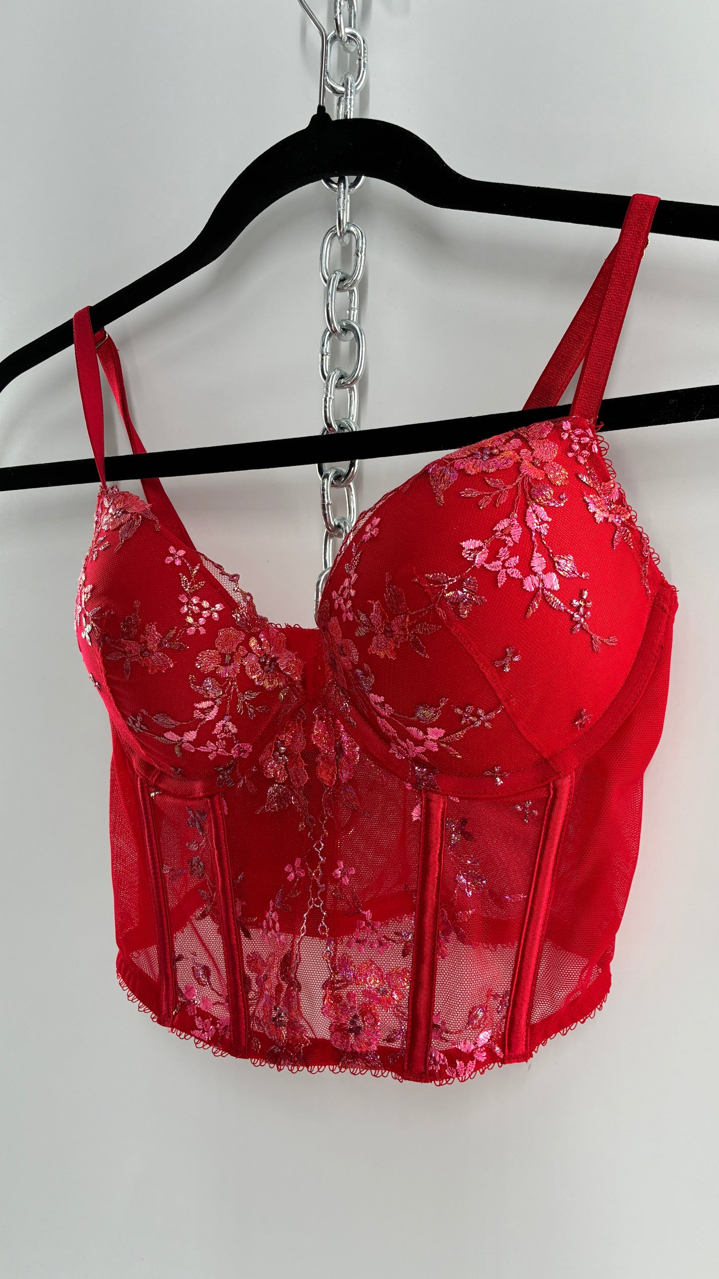 Vintage Red Corset with Iridescent Floral Lace and Padded Bust (32C/Small)