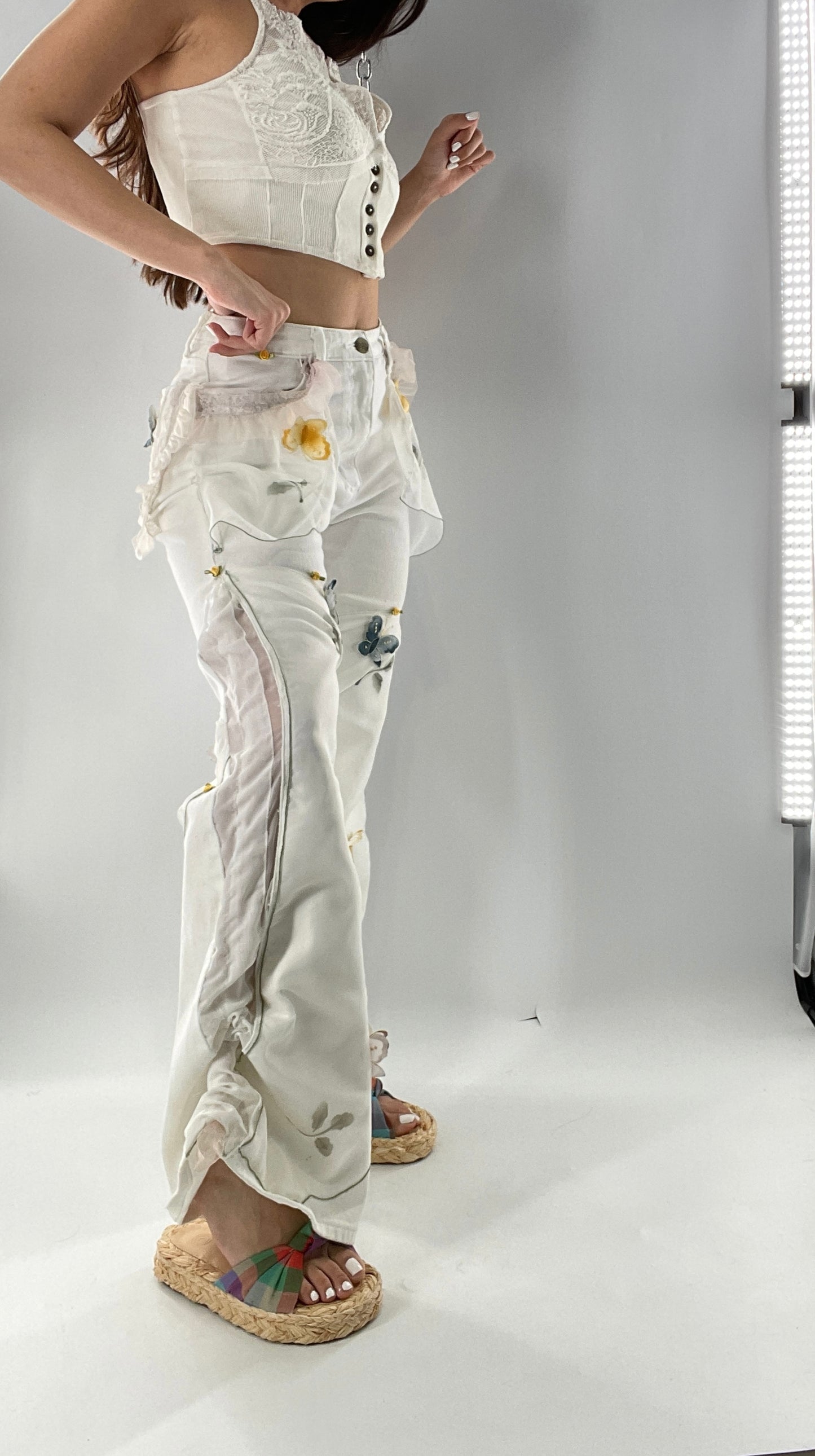 Remade Upcycled Lee White Jeans with Drawstring Adjustable Length, Lace Trim Pockets, Embroidery and Appliqué Details (27)
