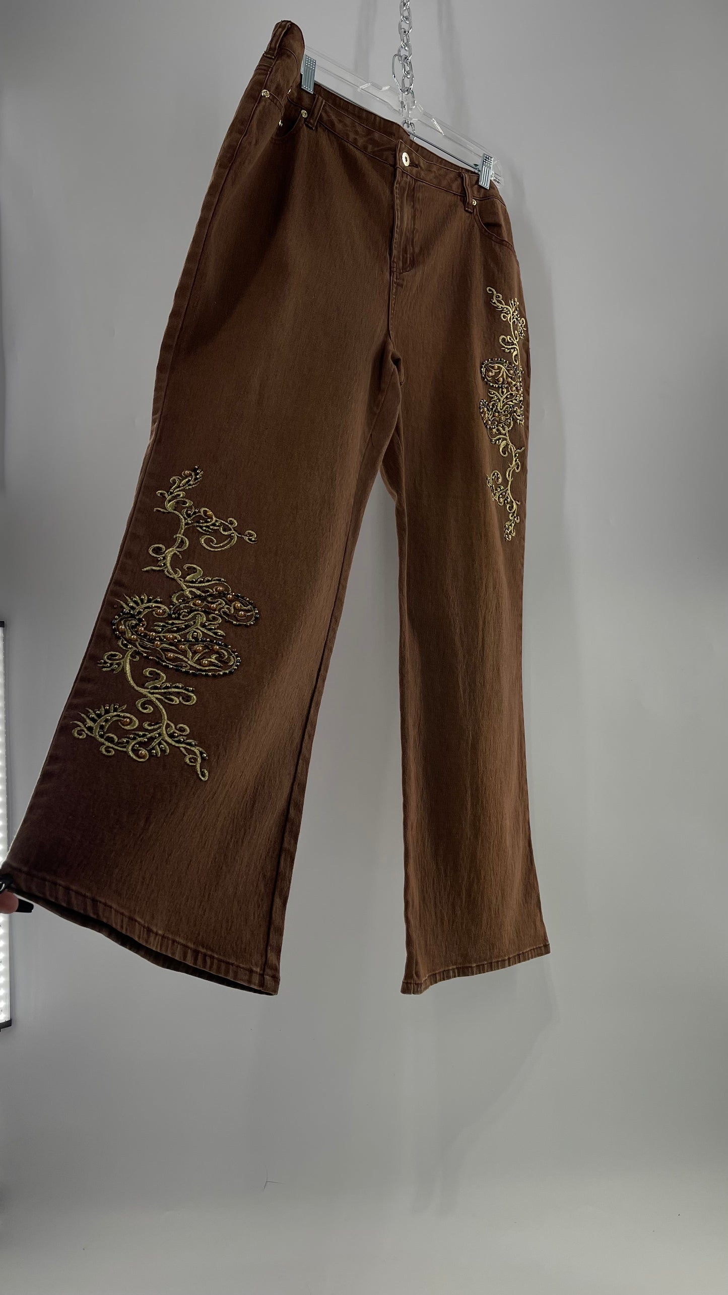 Vintage Midnight Velvet Embroidered + Beaded Brown Flares (18W)