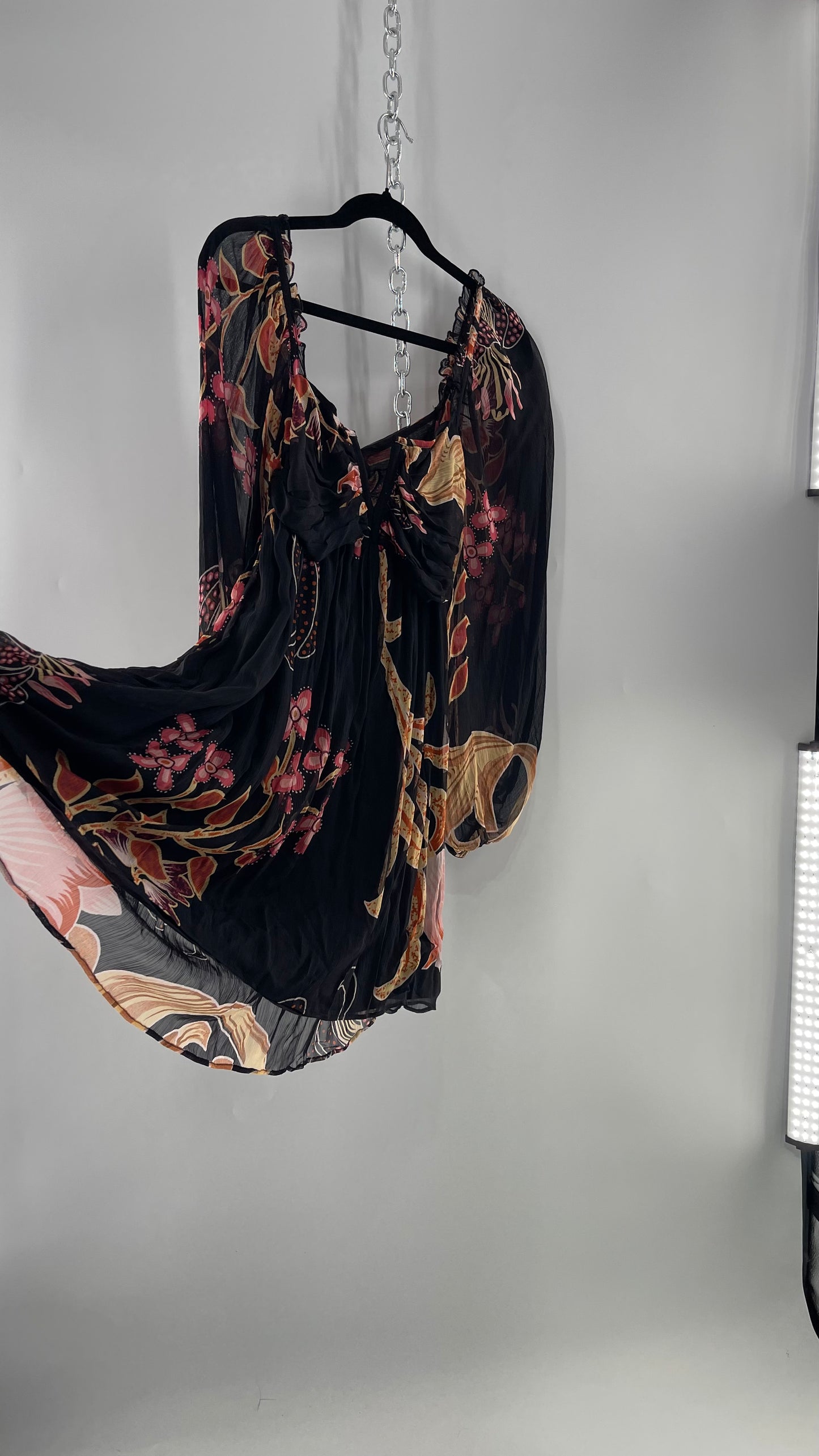 Anthropologie Let Me Be Crimped Black Chiffon Pink Floral Patterned l Dress with Tie/Open Back Detail and Tags Attached (Small)