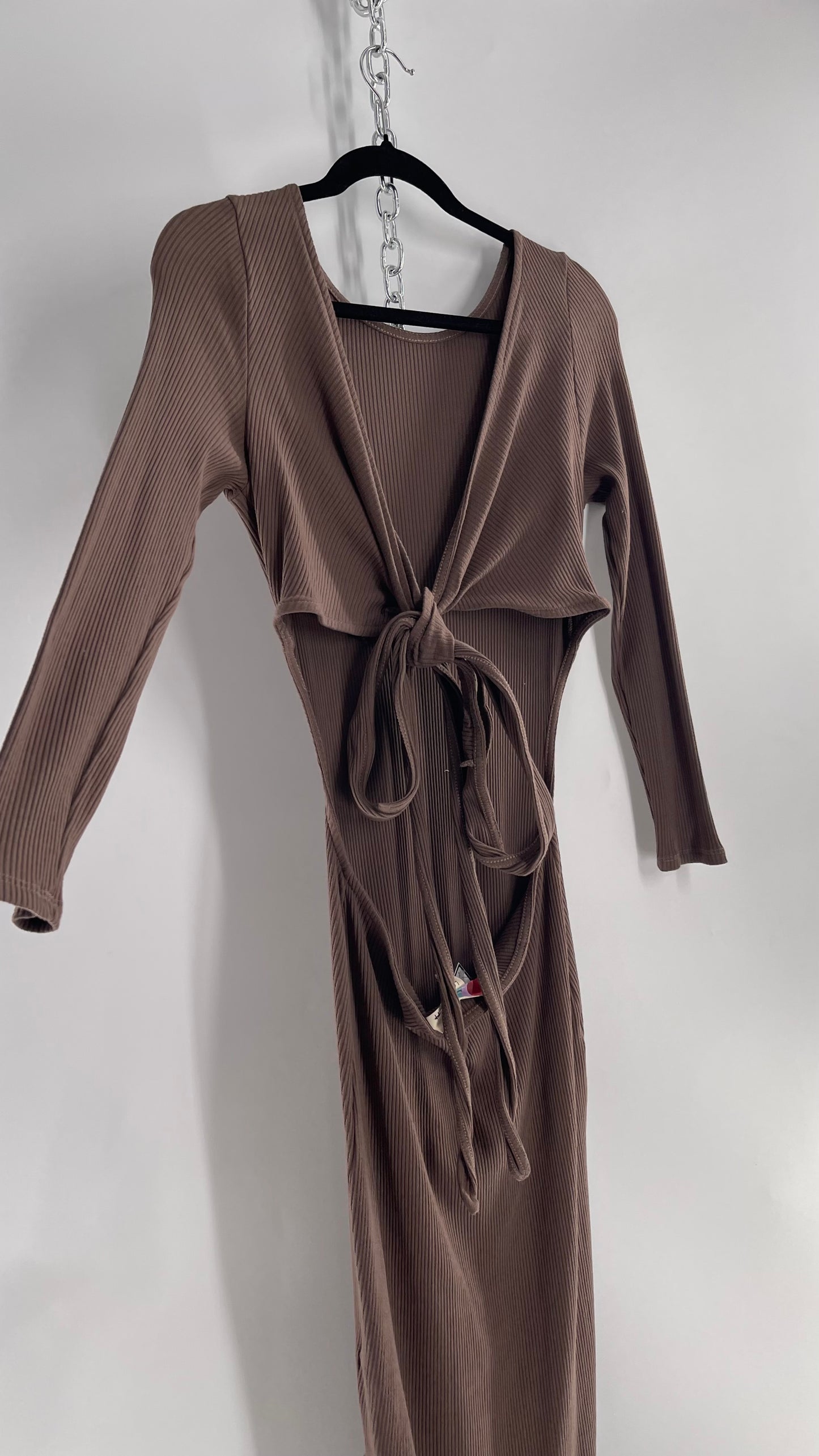 Free People Brown Ribbed Maxi Dress with Low Open Back and Dramatic Tie Detail (Large)