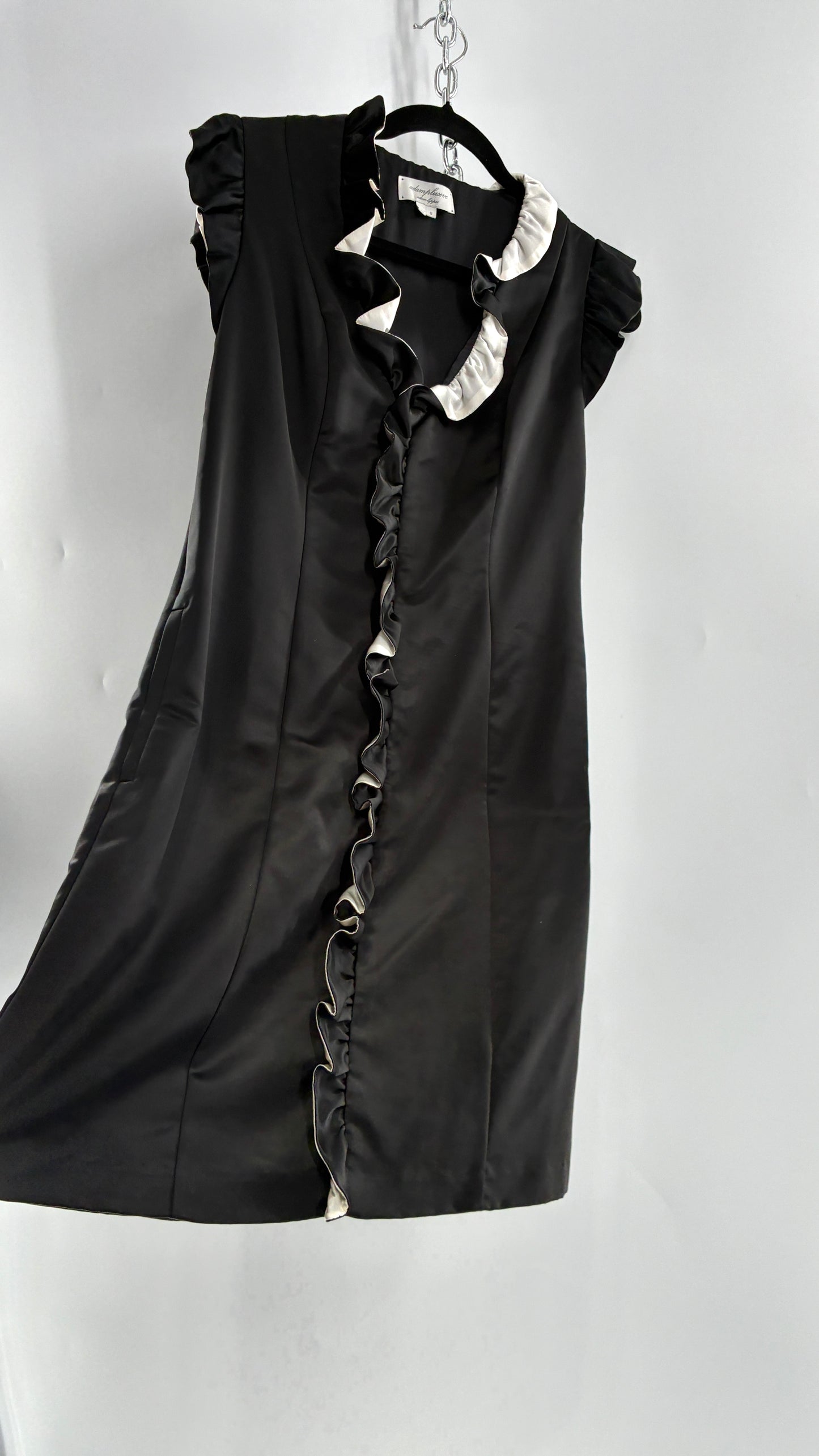 Vintage ADAM PLUS EVE Adam Lippes 58% Wool Black Paneled, Tailored Dress with White Ruffles (6)