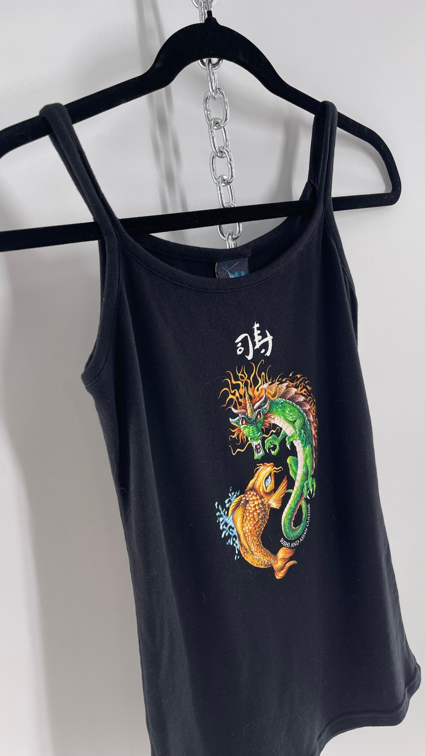 Vintage 90s The Hook Up Black Tank with Dragon and Koi Graphic (Medium)