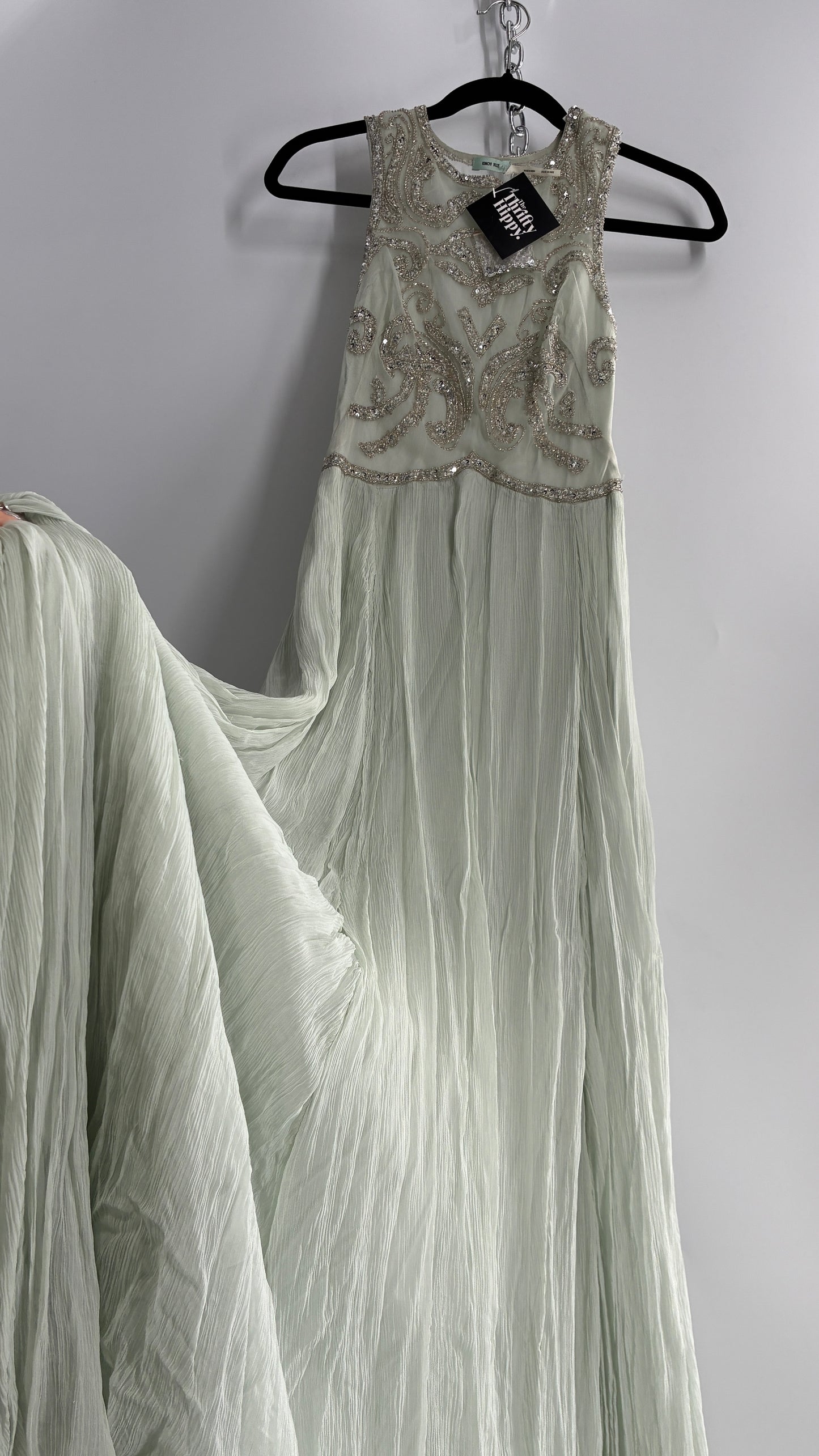 KIMCHI BLUE Light Greyish Seafoam Green Crimped Gown with Beaded Bodice and Sheer Back (2)