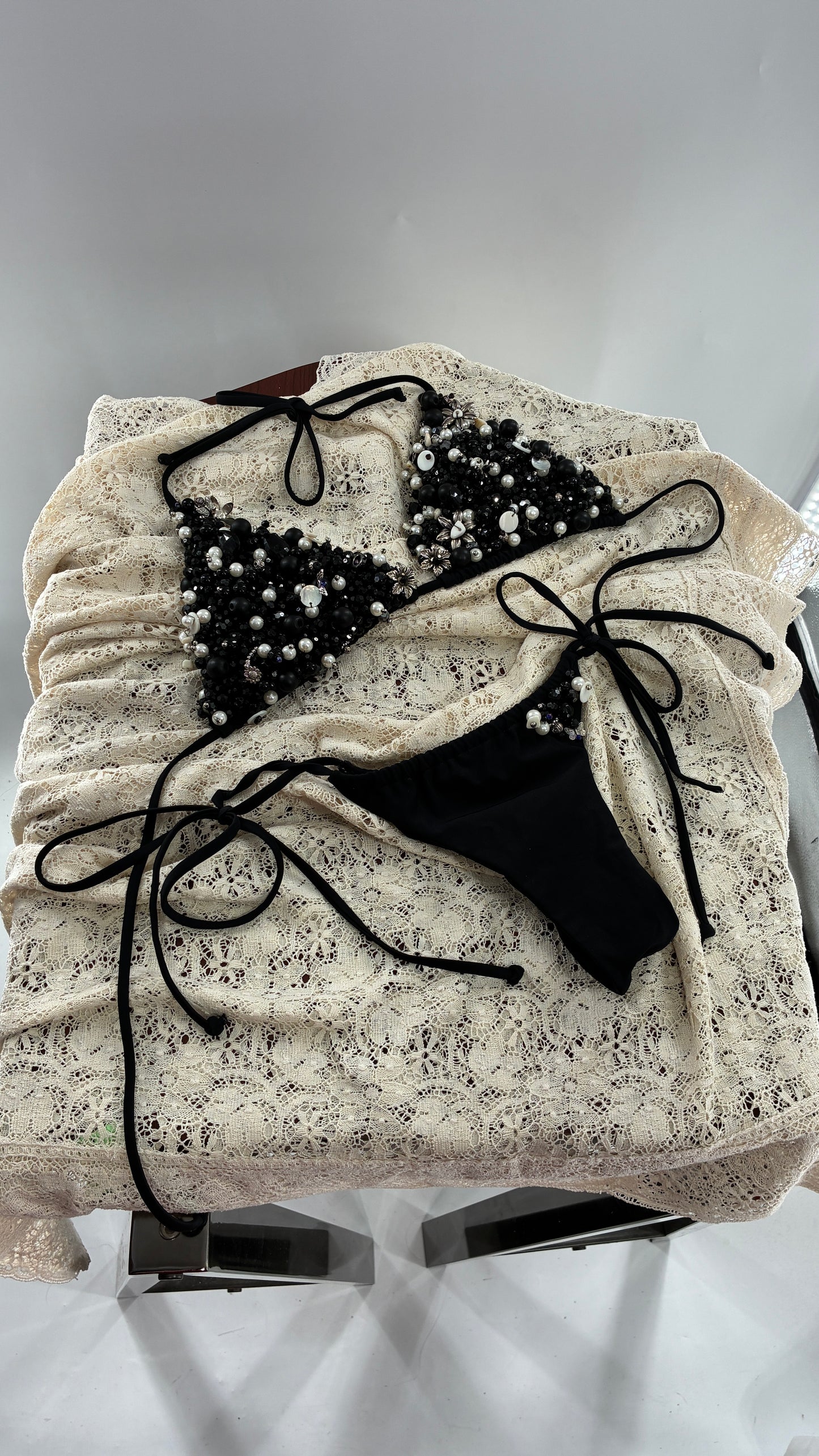 CUSTOM 1/1 Black Swimsuit Covered in Hand Placed and Sewn Beads, Charms, and Gems (MEDIUM)