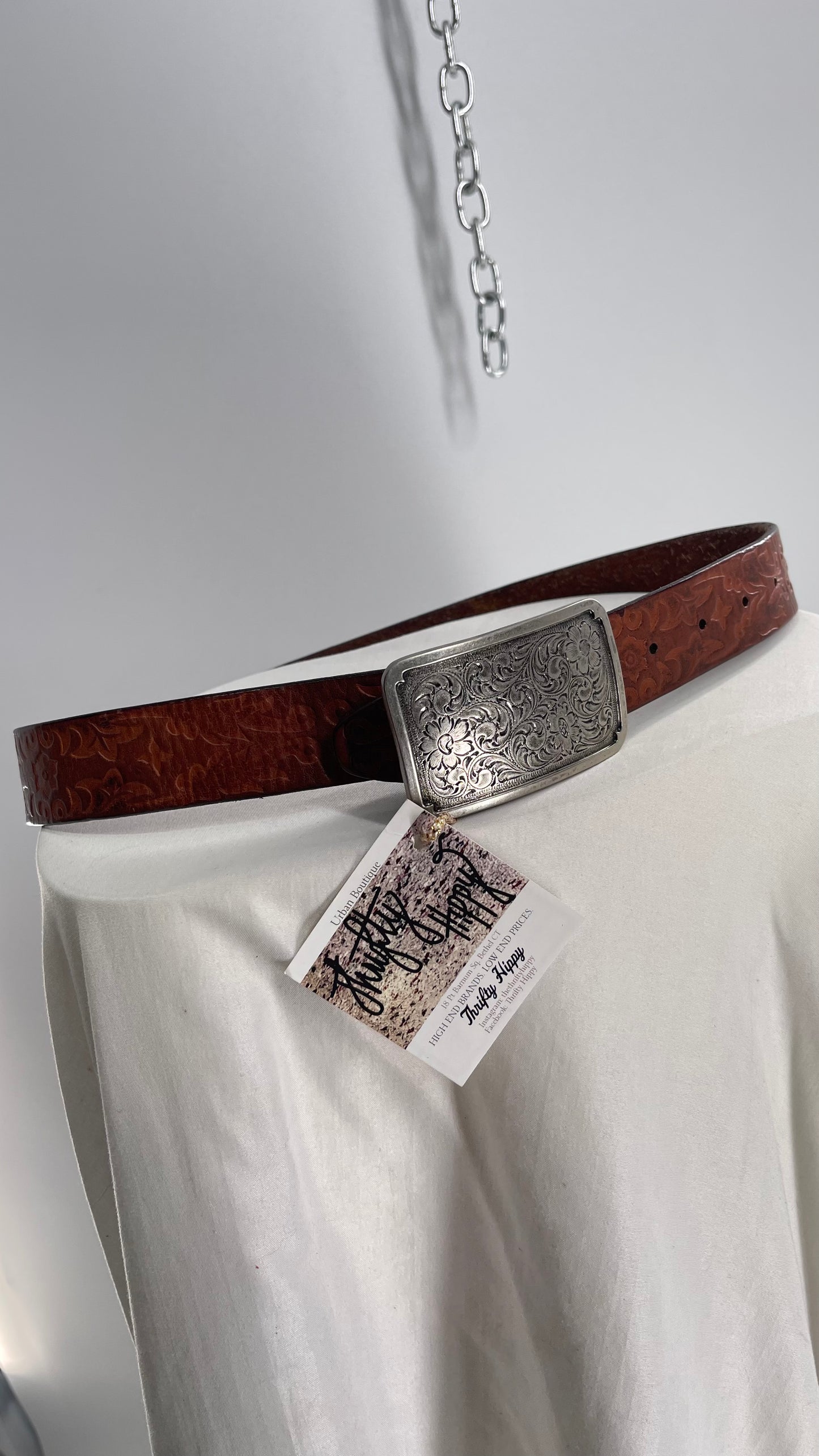 Vintage FOSSIL 1995 Embossed Genuine Leather Belt with Engraved Silver Buckle