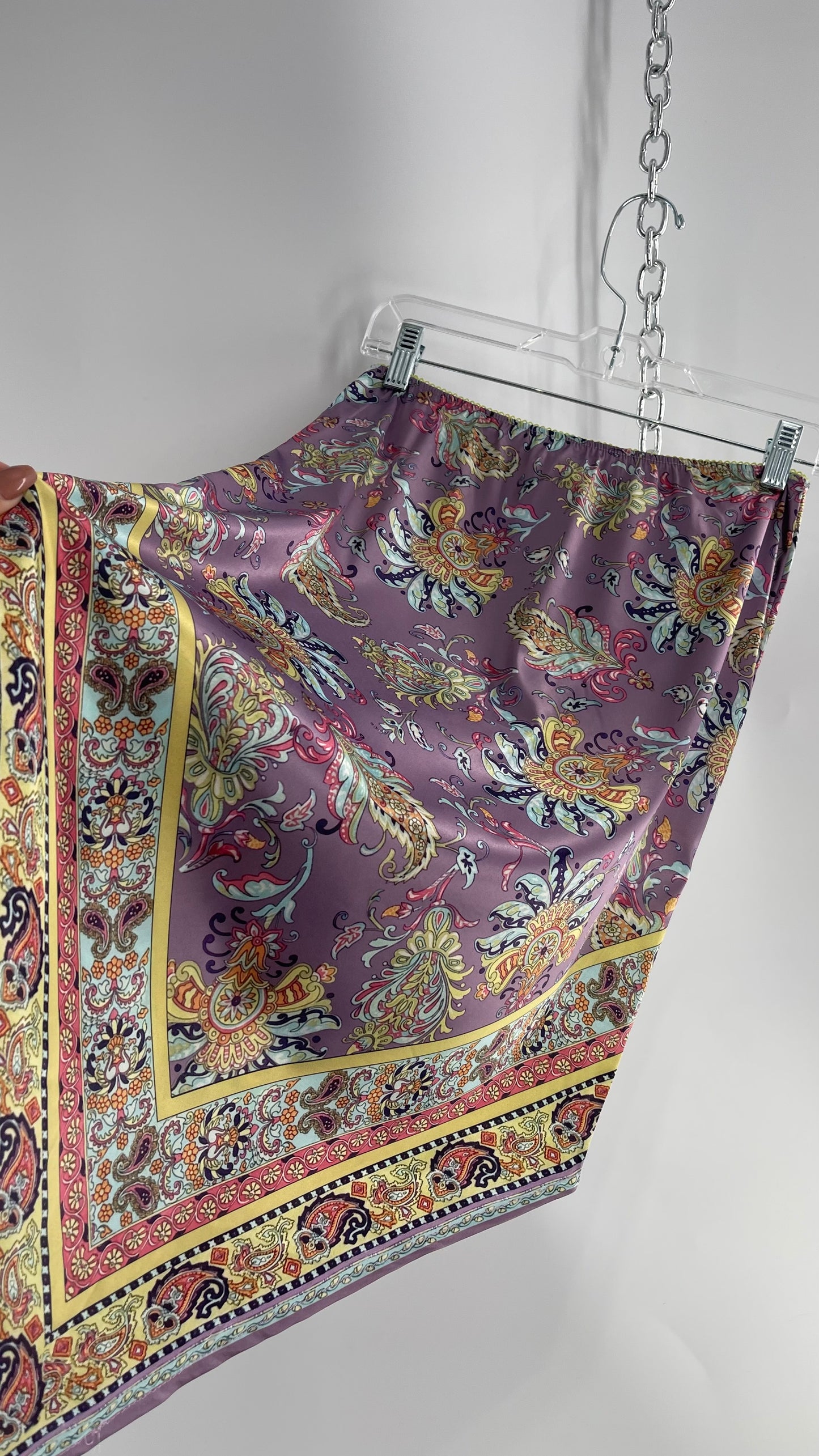 Urban Outfitters Lavender Satin Paisley Handkerchief Hem Skirt with Light Green Ribbon Waistline (Small)