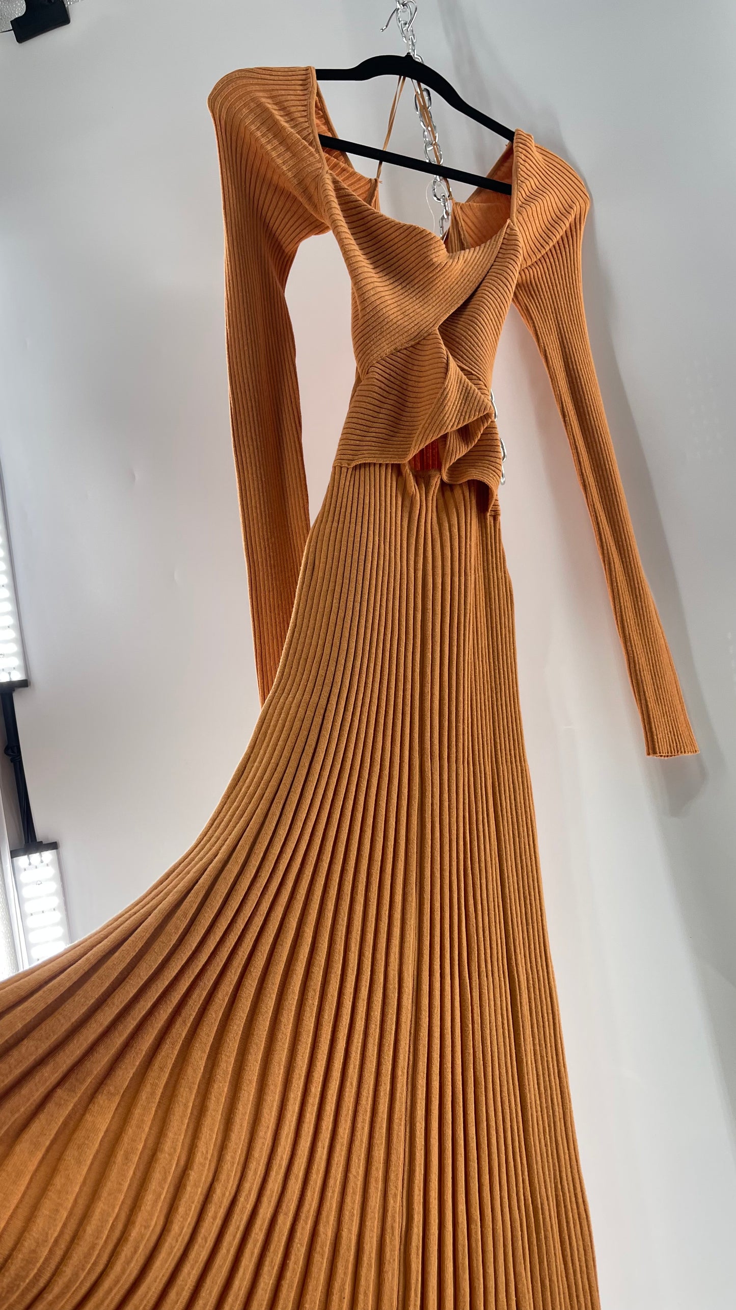 Free People Orange Knit Maxi Dress with Bandage Bust and Exposed Cut Out Midriff (Medium)