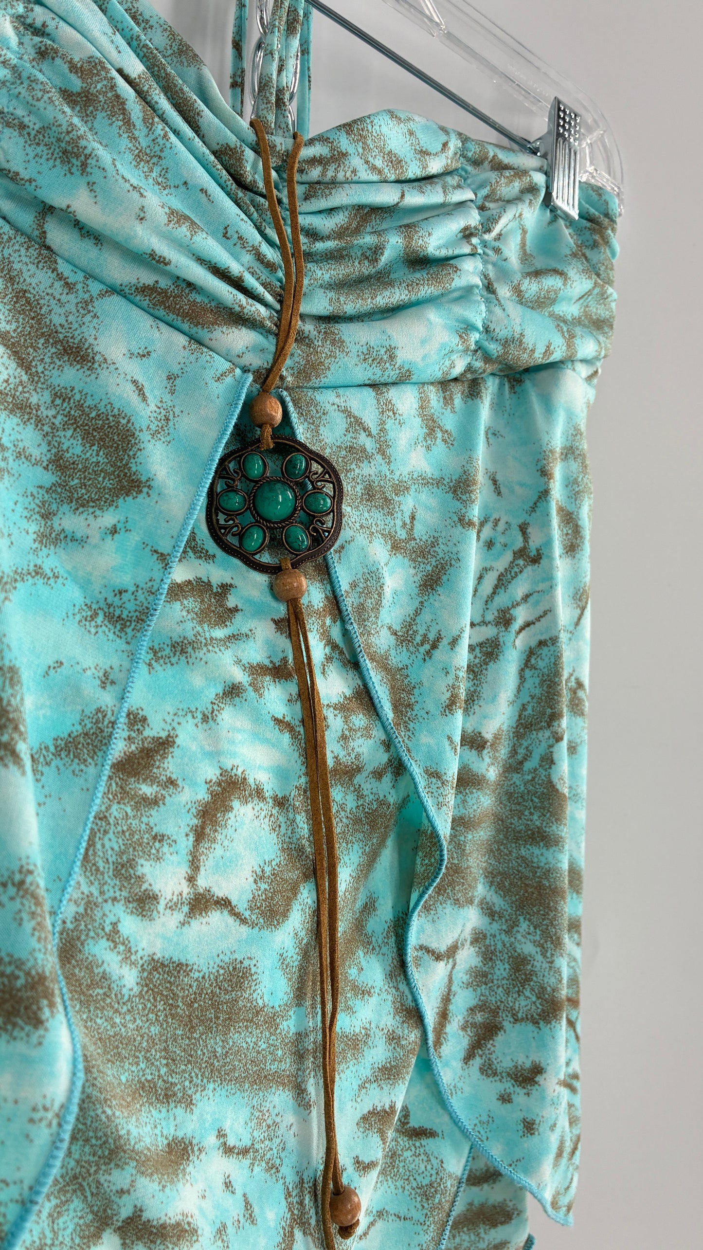 Vintage VENUS Turquoise Handkerchief Hem, Vented Tube Top with Stone Buckle and Choker Detail (M)