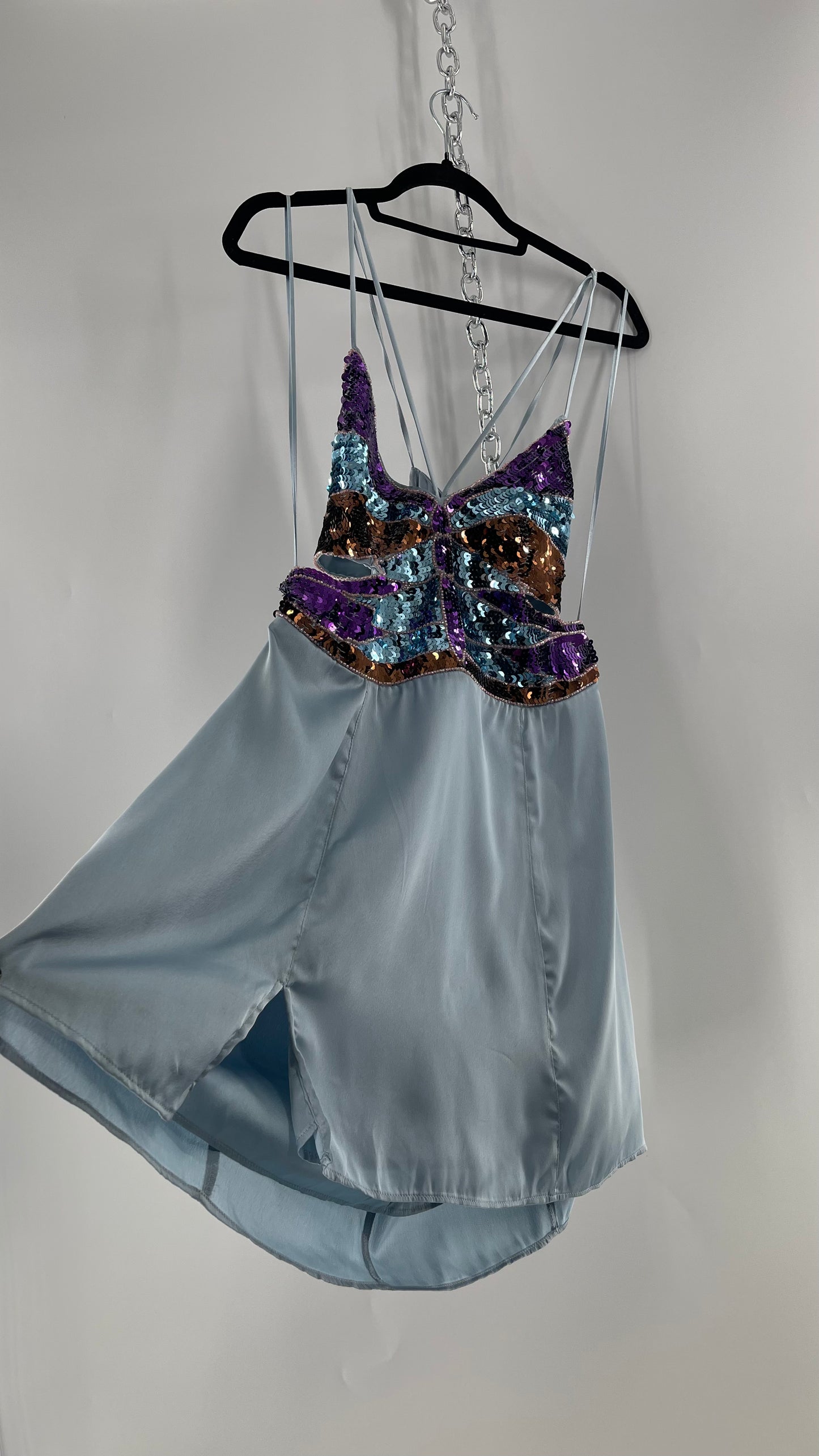 Urban Outfitters Light Blue Satin Butterfly Sequin Size L