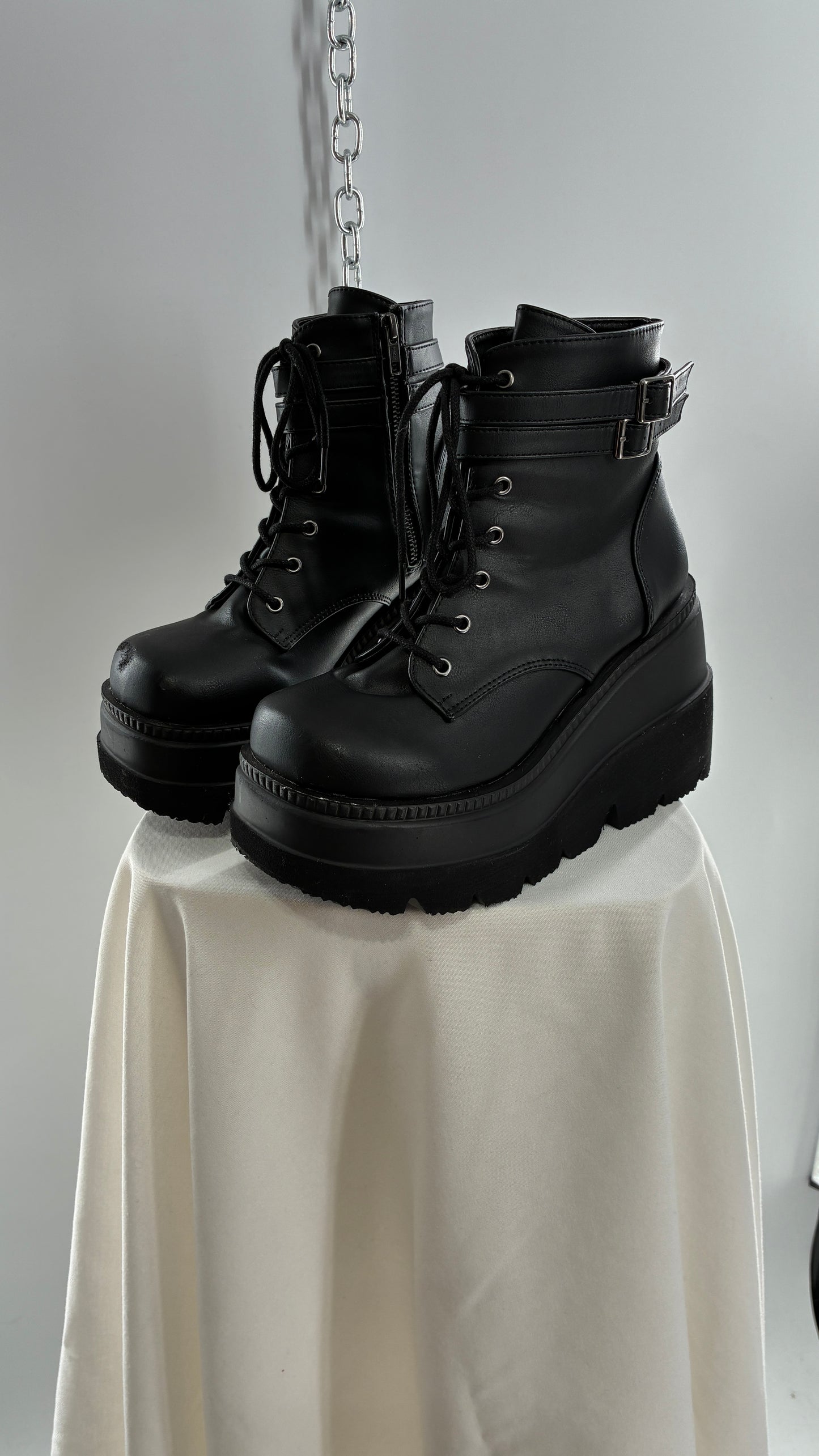 DEMONIA Shaker-52 Black Platform Wedge Combat Boots (9)