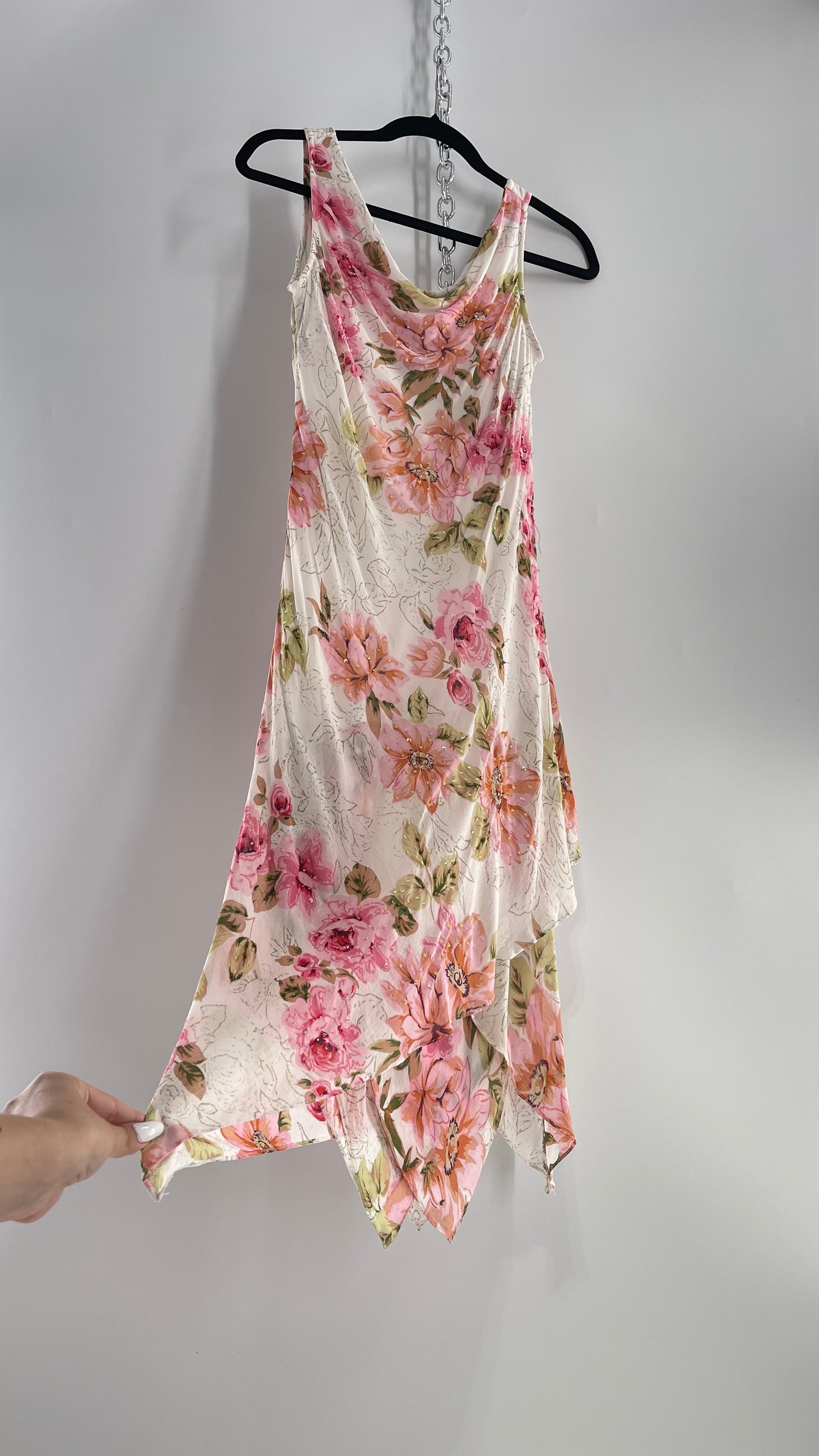 Vintage Eva Blue Pink Floral Draped Neck Sleeveless MIDI with Beading (10)