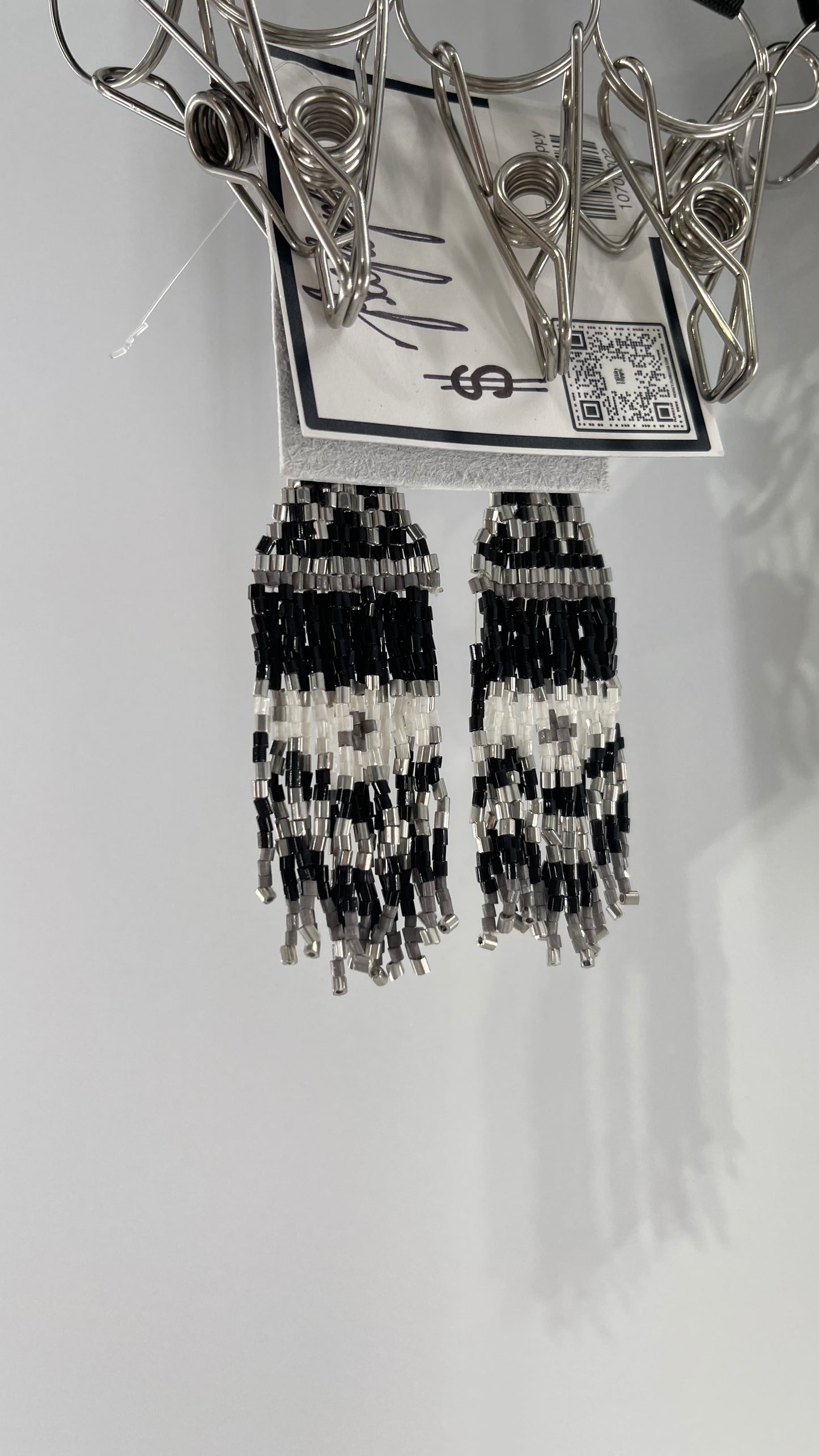 Free People Beaded Bohemian Black White Silver Earring with Tags Attached
